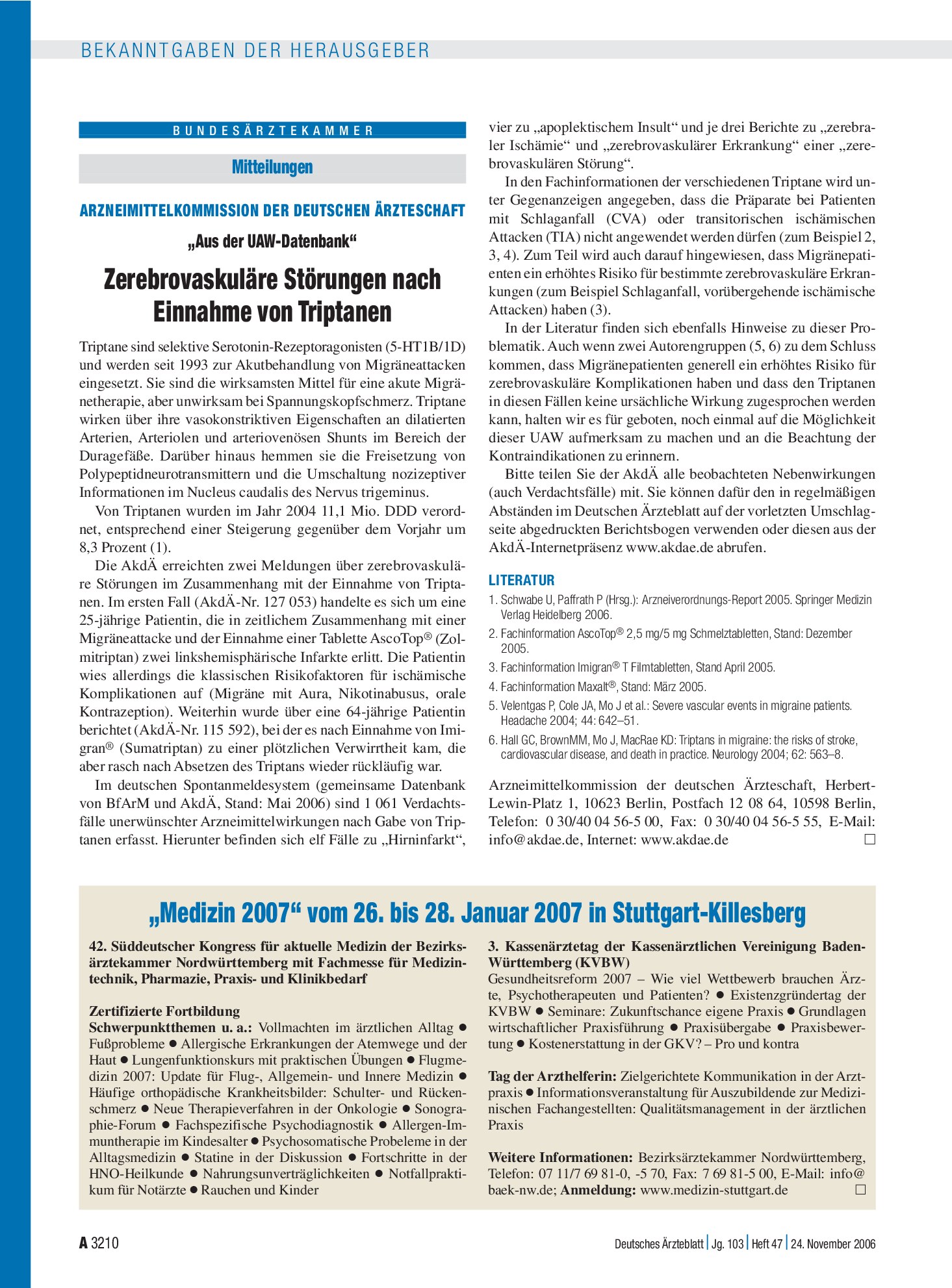Vorschauseite 1: „Medizin 2007“ vom 26. bis 28. Januar 2007 in Stuttgart-Killesberg – Deutsches Ärzteblatt