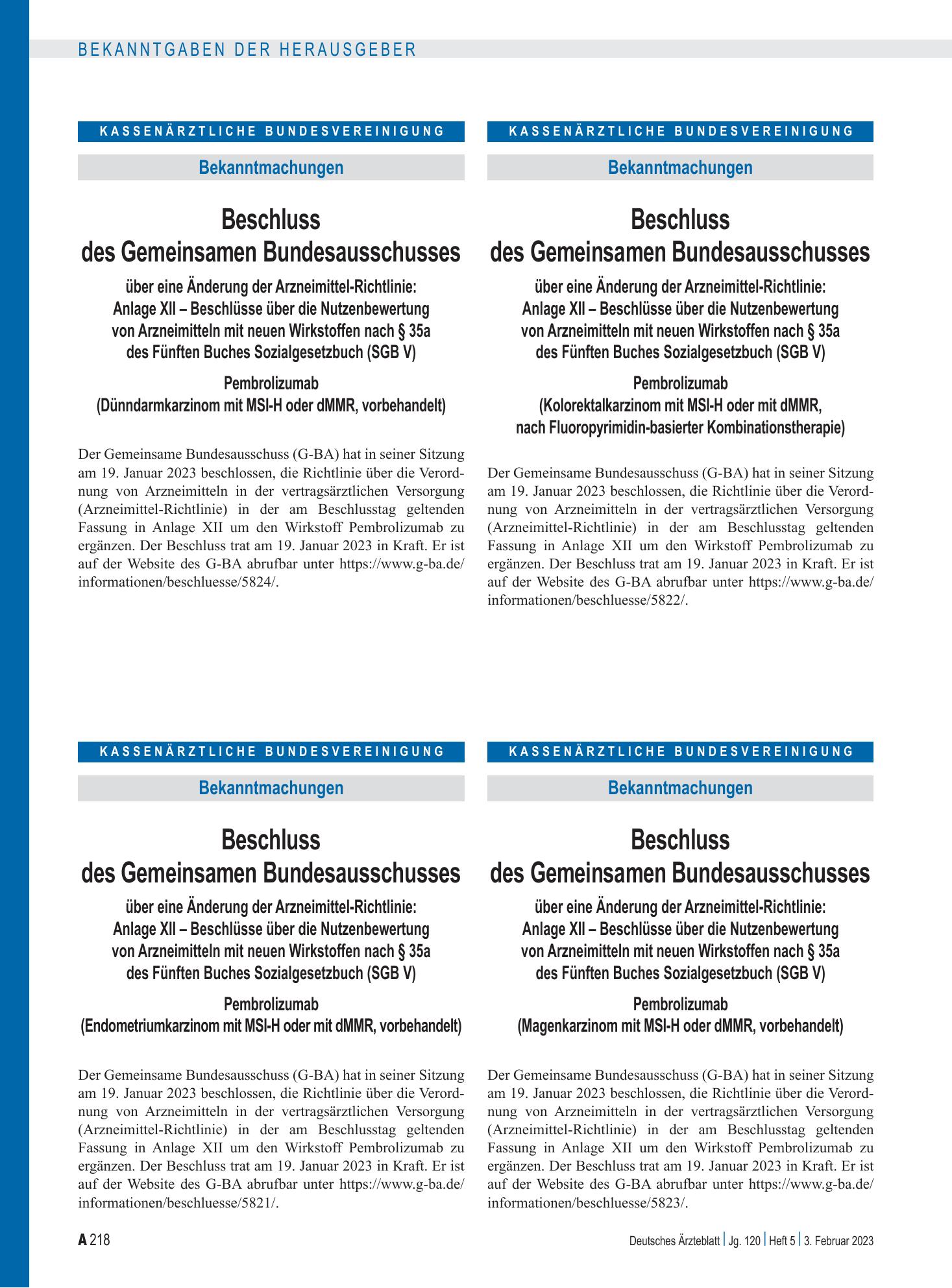 Vorschauseite 1: Beschluss des Gemeinsamen Bundesausschusses über eine Änderung der Arzneimittel-Richtlinie: Anlage XII – Pembrolizumab (Magenkarzinom mit MSI-H oder dMMR, vorbehandelt) – Deutsche…