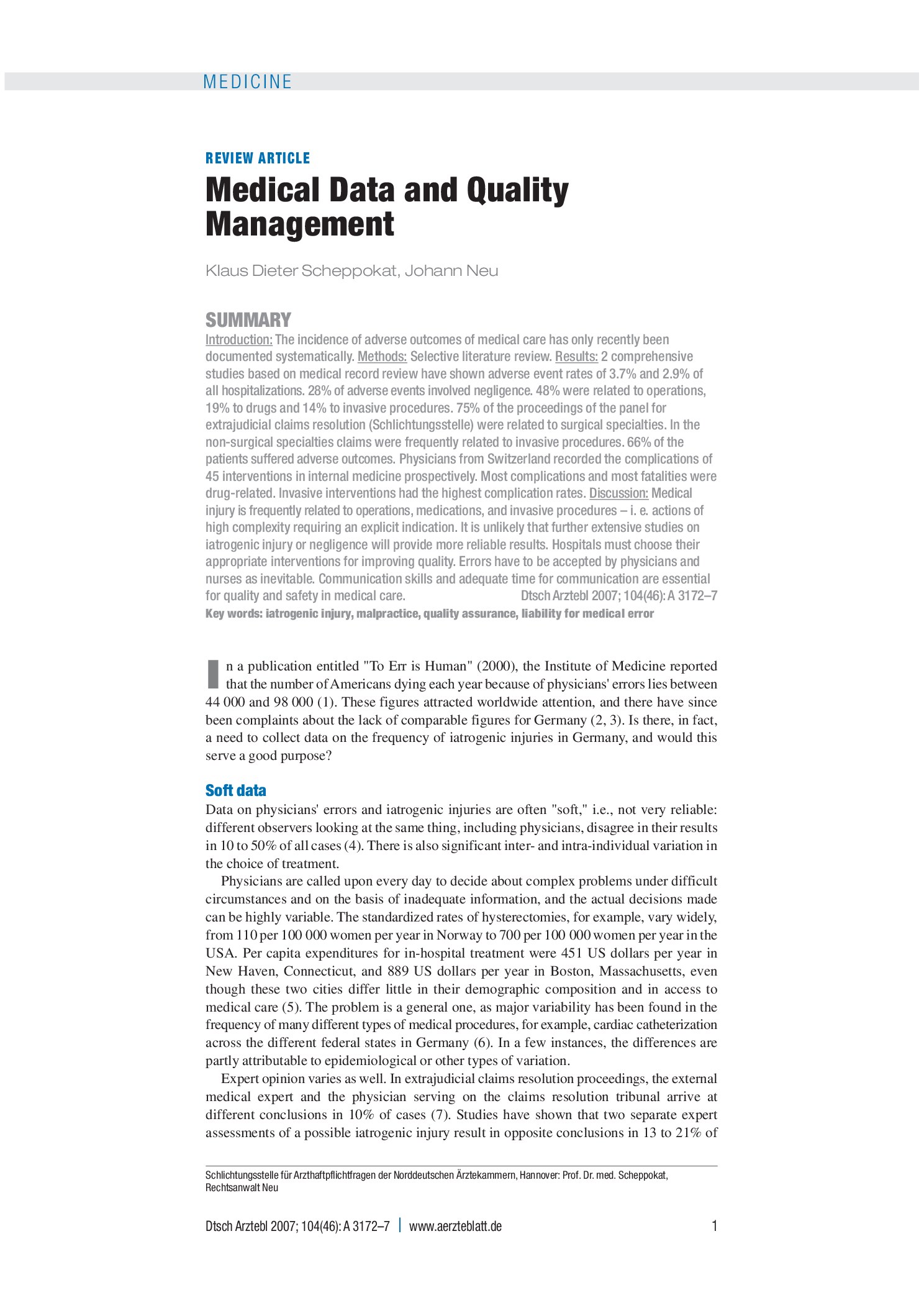 Vorschauseite 1: Medizinische Daten und Qualitätsmanagement – Deutsches Ärzteblatt
