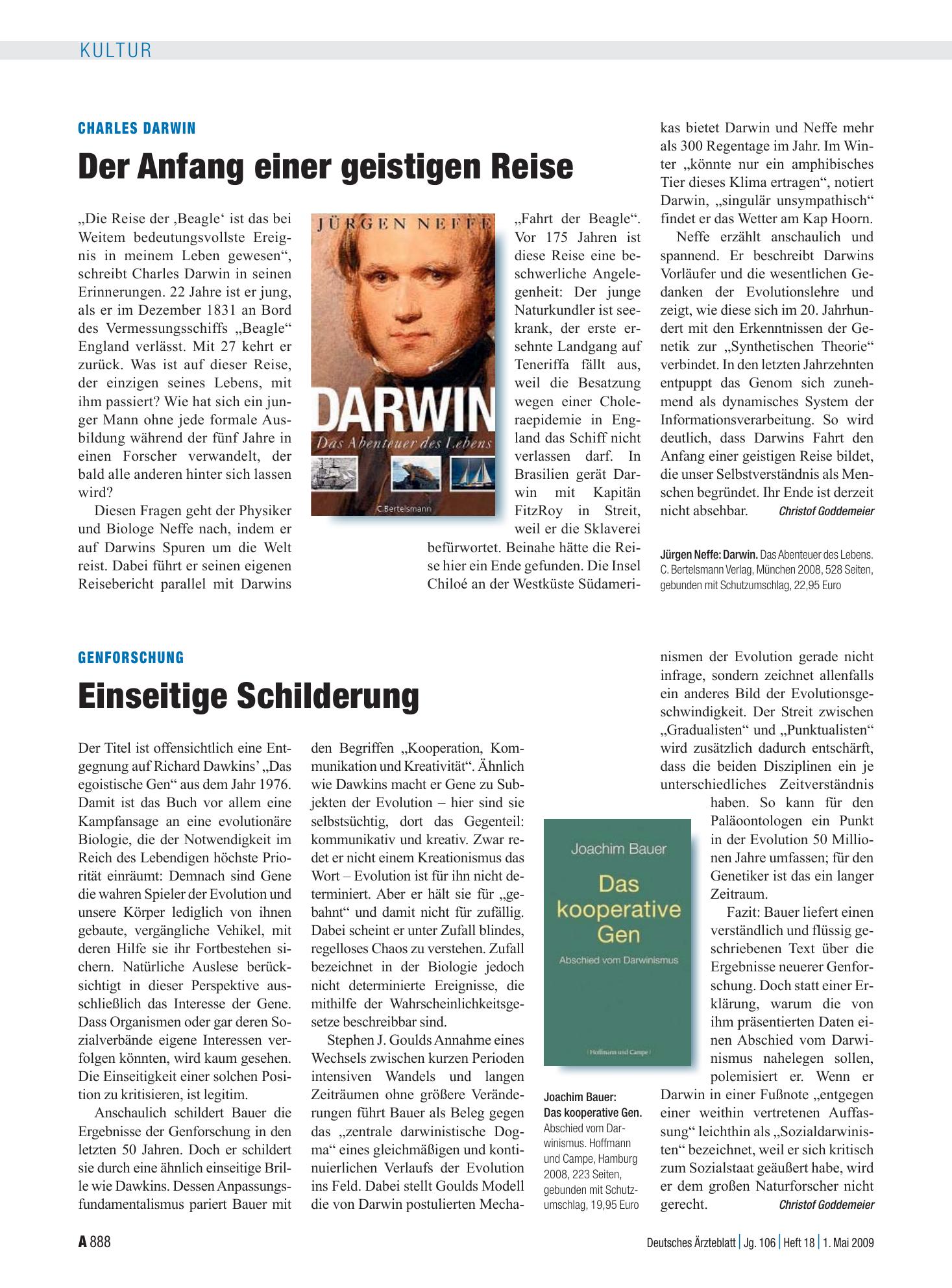 Vorschauseite 1: Charles Darwin: Der Anfang einer geistigen Reise – Deutsches Ärzteblatt