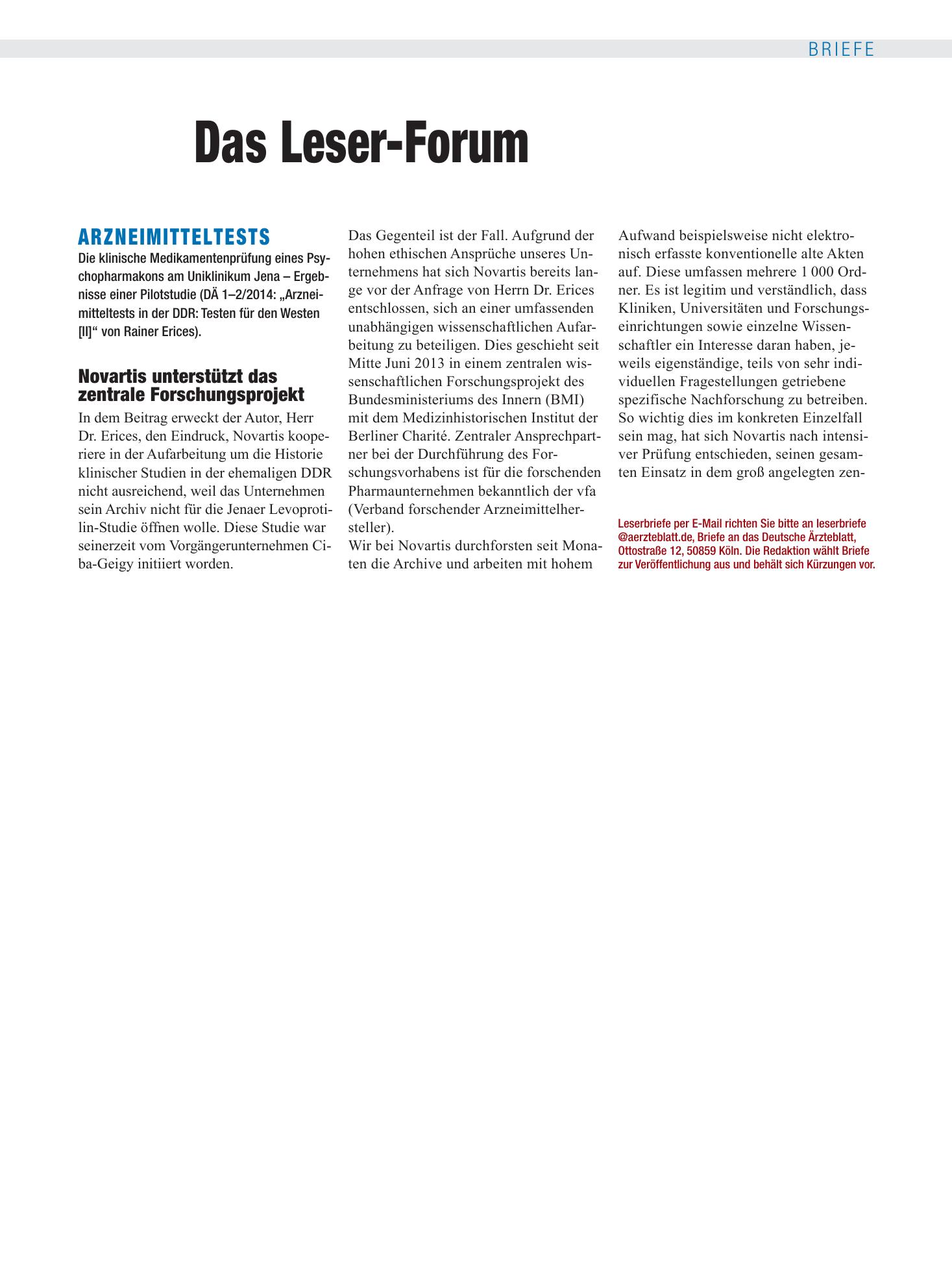 Vorschauseite 1: Arzneimitteltests: Novartis unterstützt das zentrale Forschungsprojekt – Deutsches Ärzteblatt