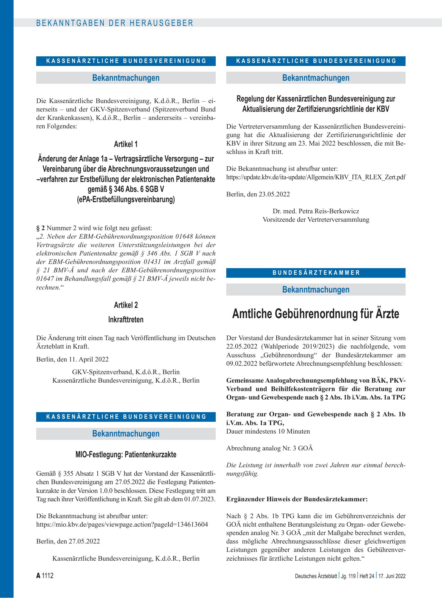 Vorschauseite 1: MIO-Festlegung: Patientenkurzakte – Deutsches Ärzteblatt