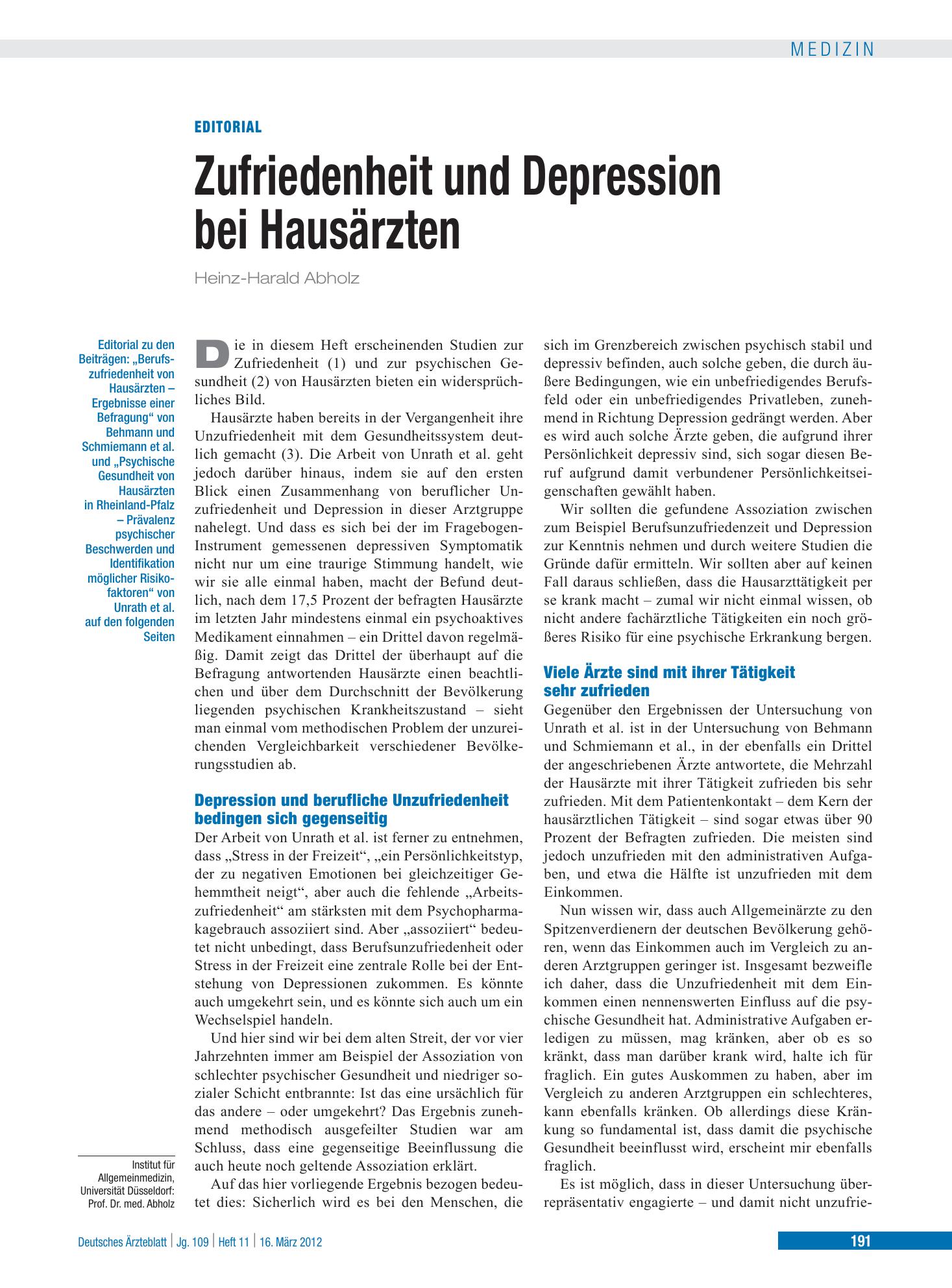 Vorschauseite 1: Berufszufriedenheit von Hausärzten – Deutsches Ärzteblatt