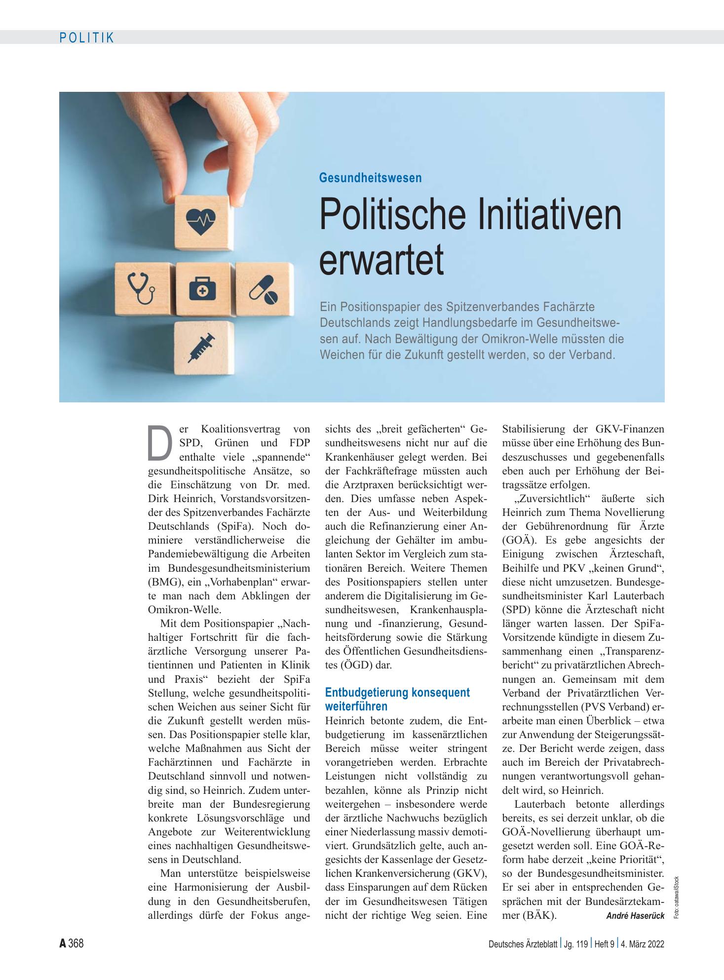 Vorschauseite 1: Gesundheitswesen: Politische Initiativen erwartet – Deutsches Ärzteblatt