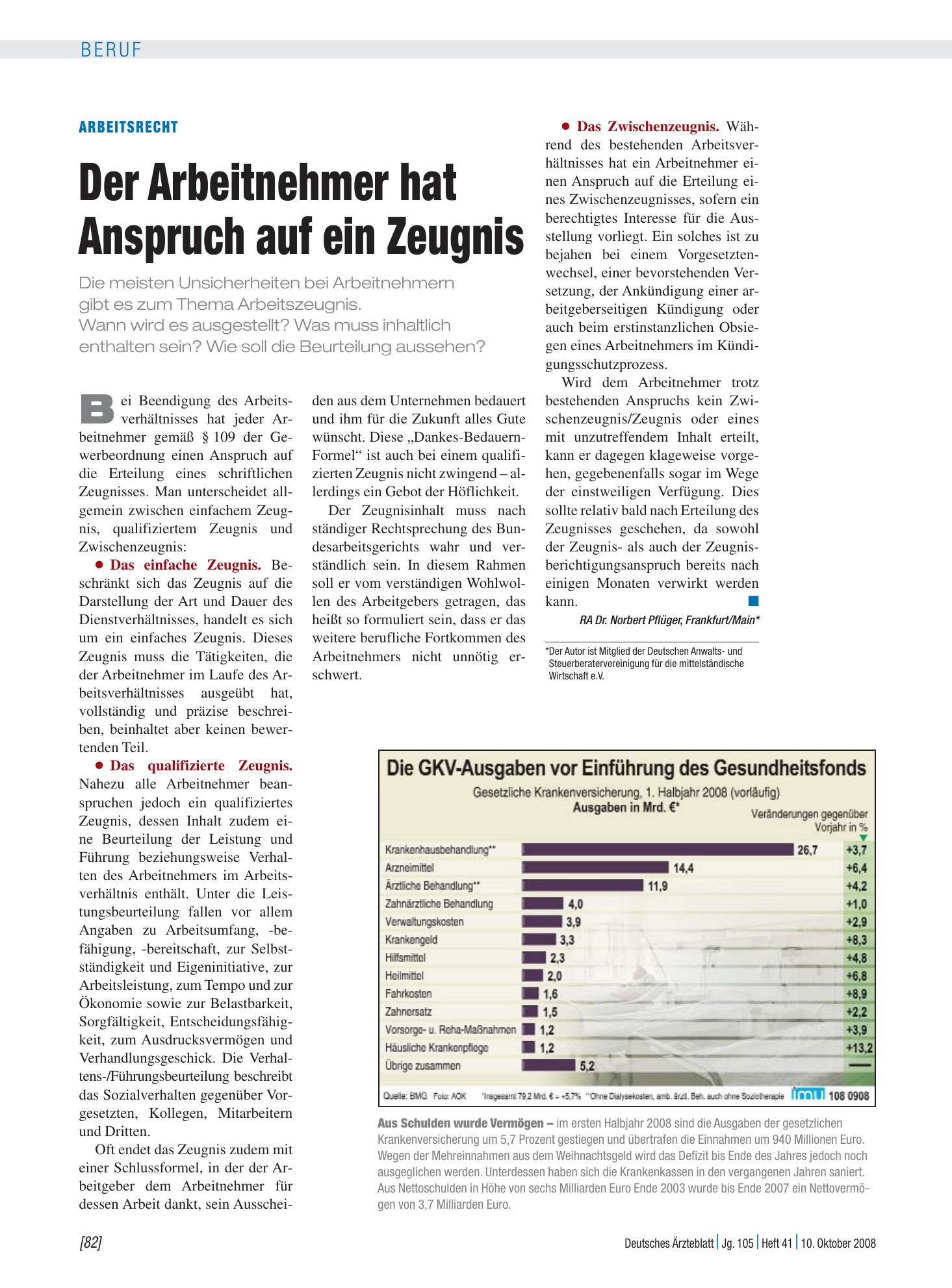 Vorschauseite 1: Arbeitsrecht: Der Arbeitnehmer hat Anspruch auf ein Zeugnis – Deutsches Ärzteblatt