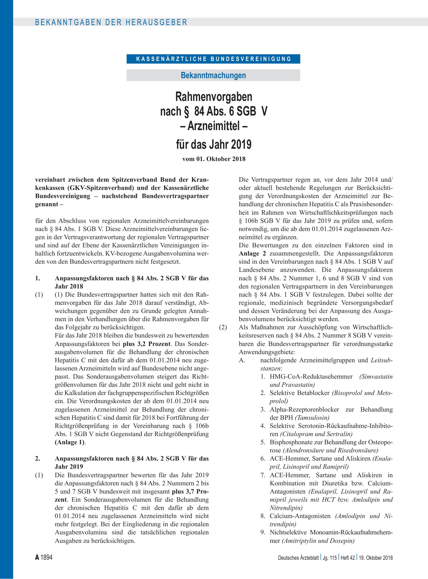 Vorschauseite 1: Rahmenvorgaben nach § 84 Abs. 6 SGB V – Arzneimittel – für das Jahr 2019 – Deutsches Ärzteblatt