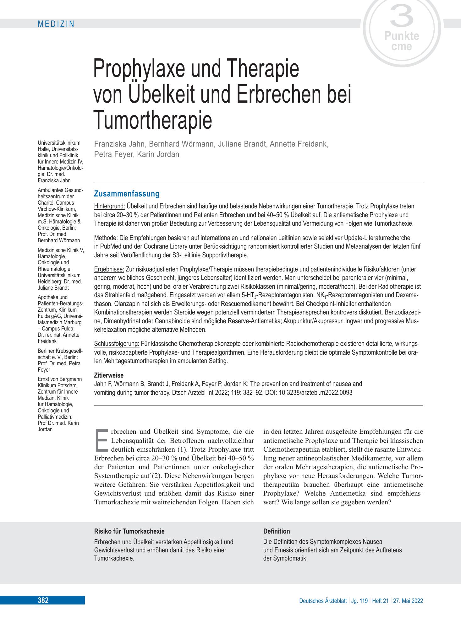 Vorschauseite 1: Prophylaxe und Therapie von Übelkeit und Erbrechen bei Tumortherapie – Deutsches Ärzteblatt
