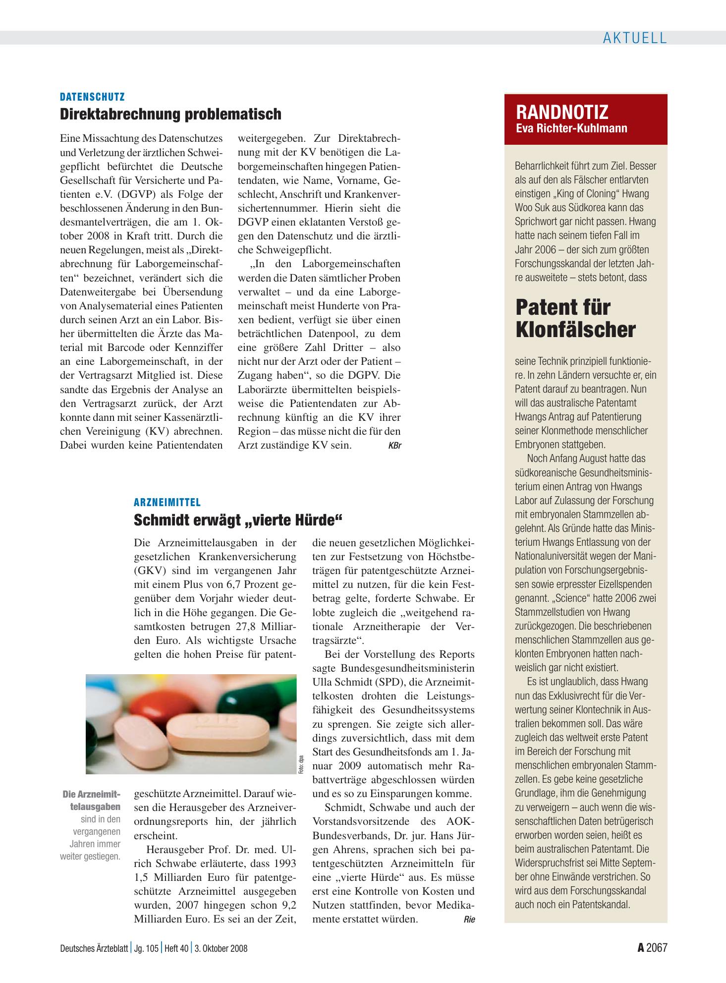 Vorschauseite 1: Datenschutz: Direktabrechnung problematisch – Deutsches Ärzteblatt