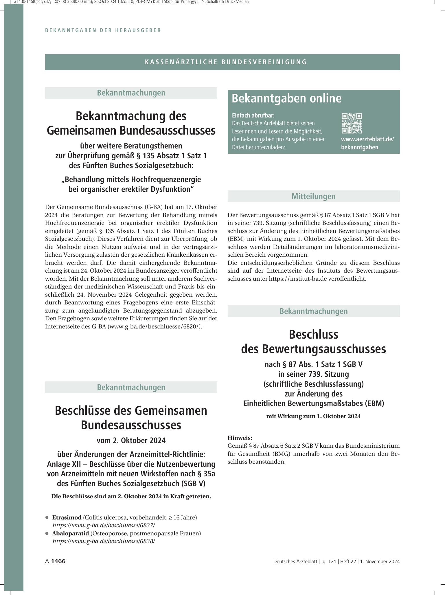 Vorschauseite 1: Beschlüsse des Gemeinsamen Bundesausschusses vom 2. Oktober 2024 über Änderungen der Arzneimittel-Richtlinie: Anlage XII – Beschlüsse über die Nutzenbewertung von Arzneimitteln mi…