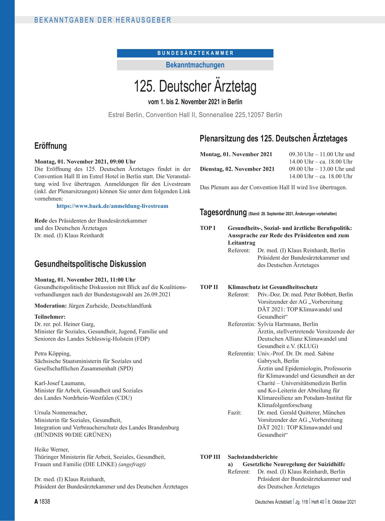 Vorschauseite 1: 125. Deutscher Ärztetag vom 1. bis 2. November 2021 in Berlin – Deutsches Ärzteblatt