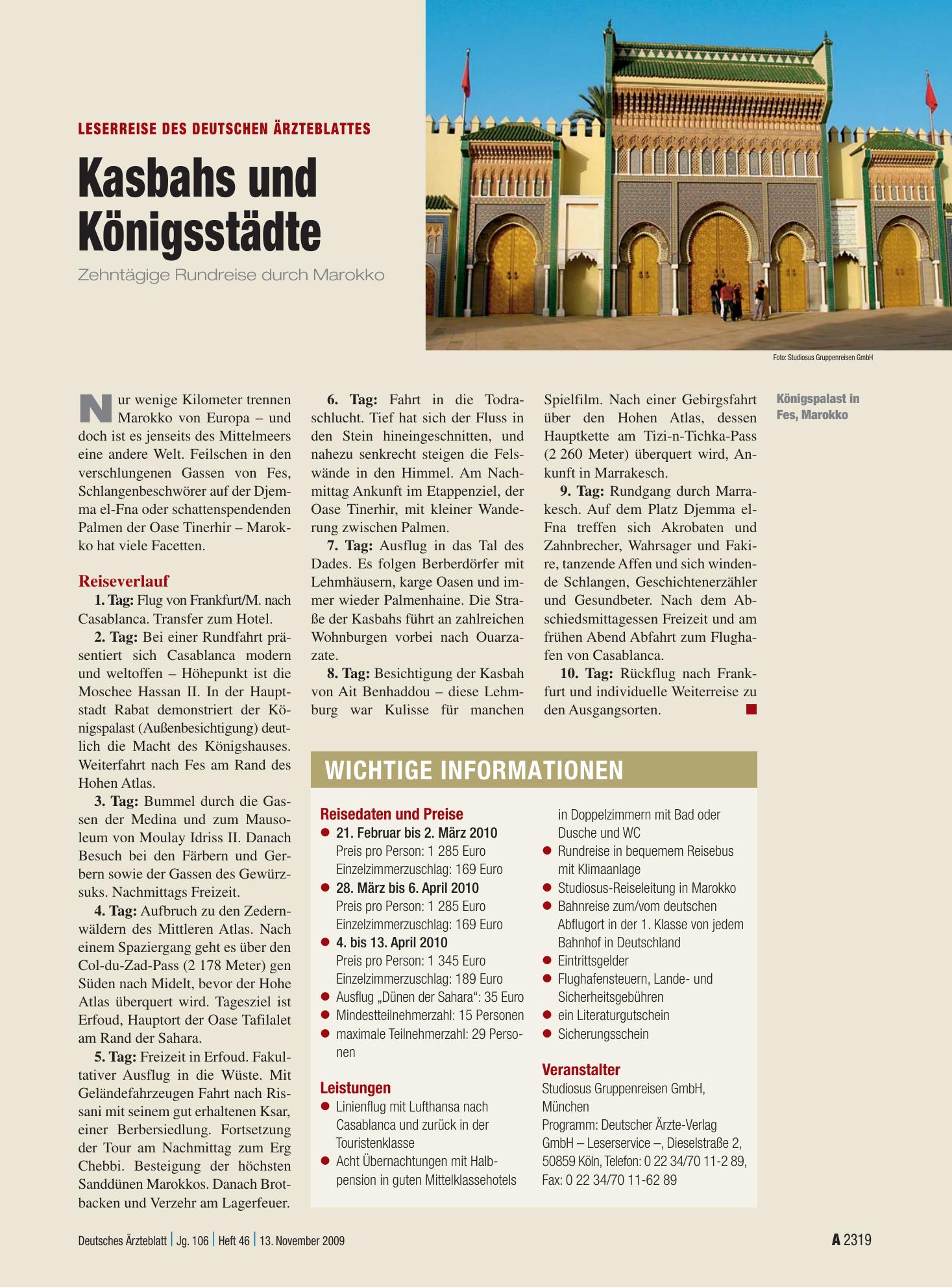 Vorschauseite 1: Kasbahs und Königsstädte: Zehntägige Rundreise durch Marokko – Deutsches Ärzteblatt