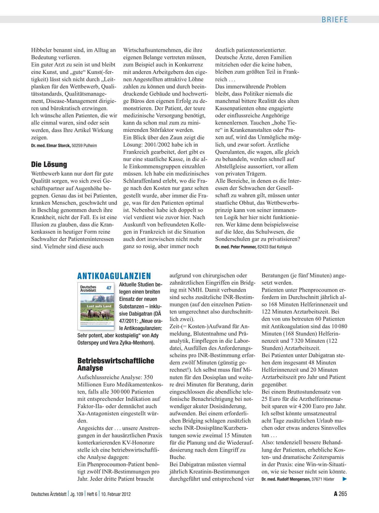 Vorschauseite 1: Antikoagulanzien: Betriebswirtschaftliche Analyse – Deutsches Ärzteblatt