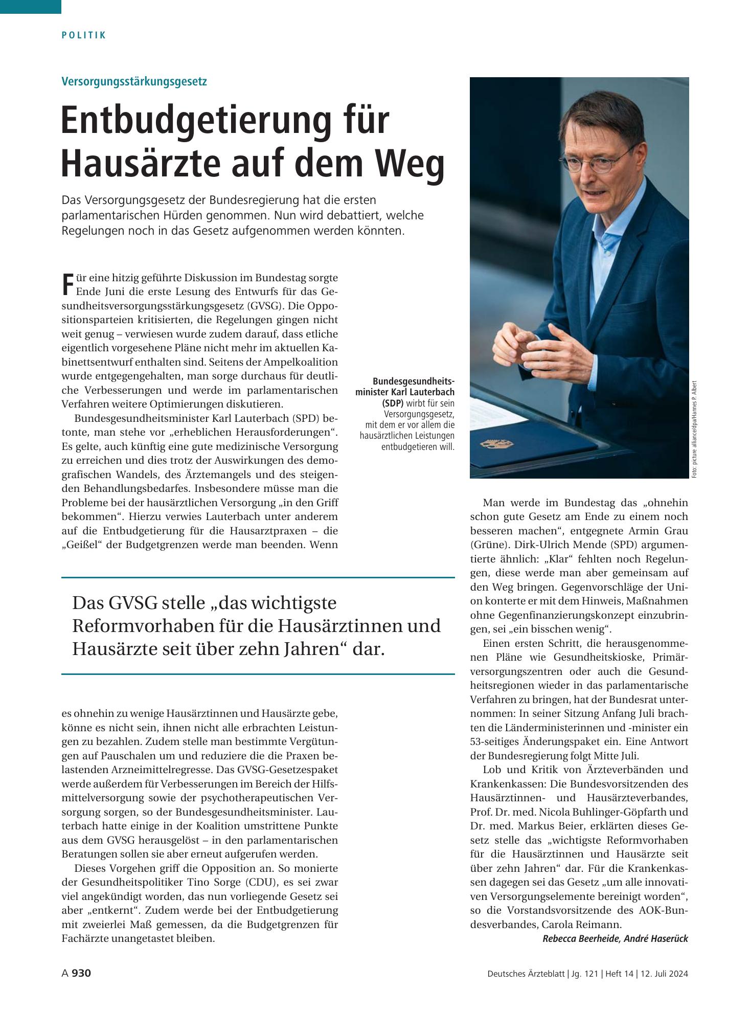 Vorschauseite 1: Versorgungsstärkungsgesetz: Entbudgetierung für Hausärzte auf dem Weg – Deutsches Ärzteblatt