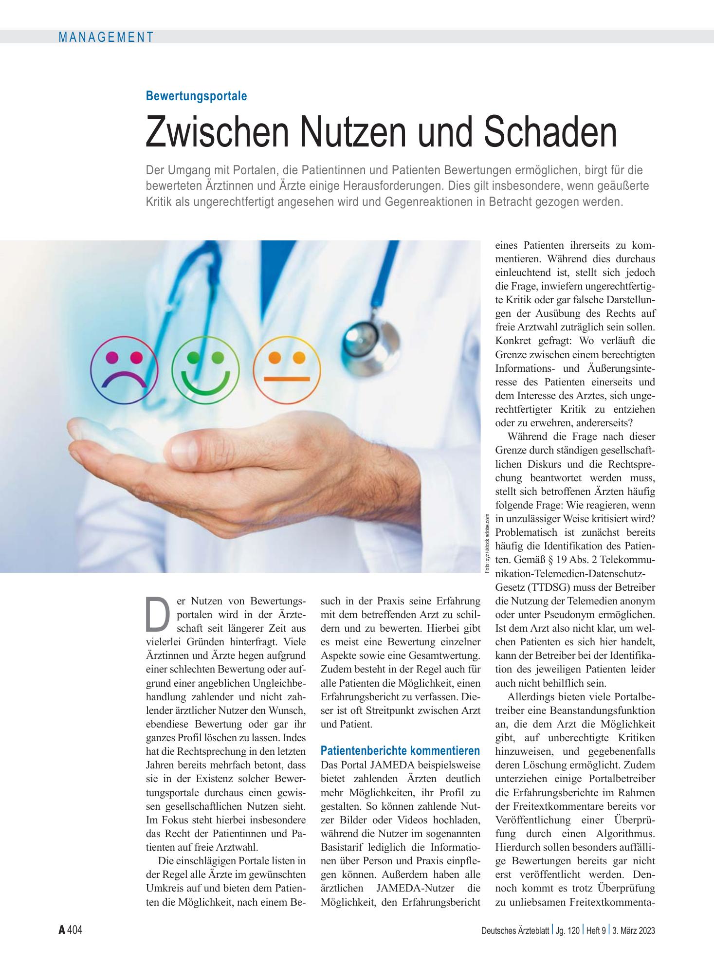 Vorschauseite 1: Bewertungsportale: Zwischen Nutzen und Schaden – Deutsches Ärzteblatt