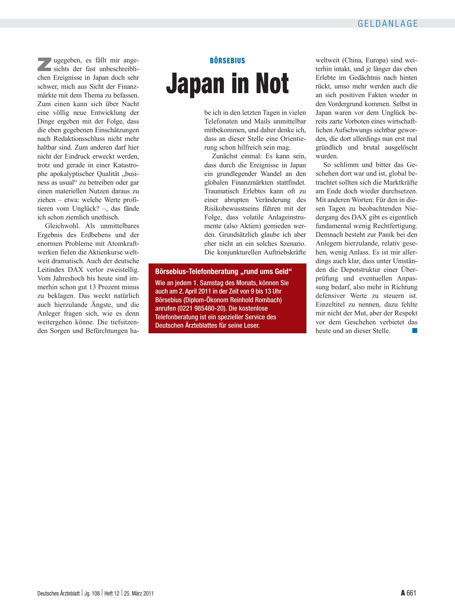 Vorschauseite 1: Börsebius: Japan in Not – Deutsches Ärzteblatt