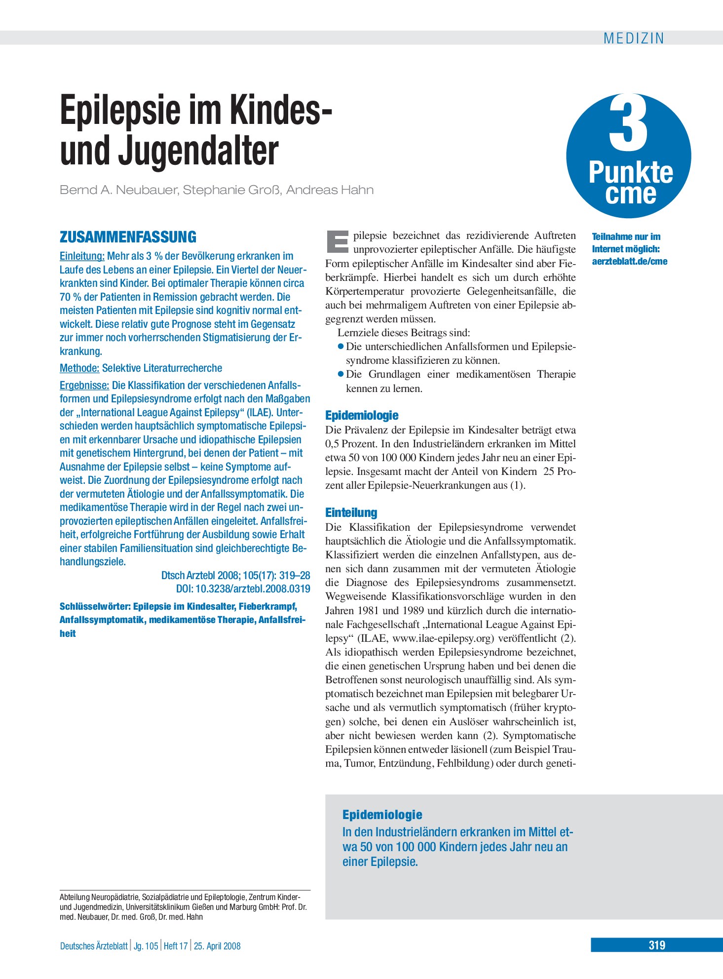 Vorschauseite 1: Epilepsie im Kindes- und Jugendalter – Deutsches Ärzteblatt