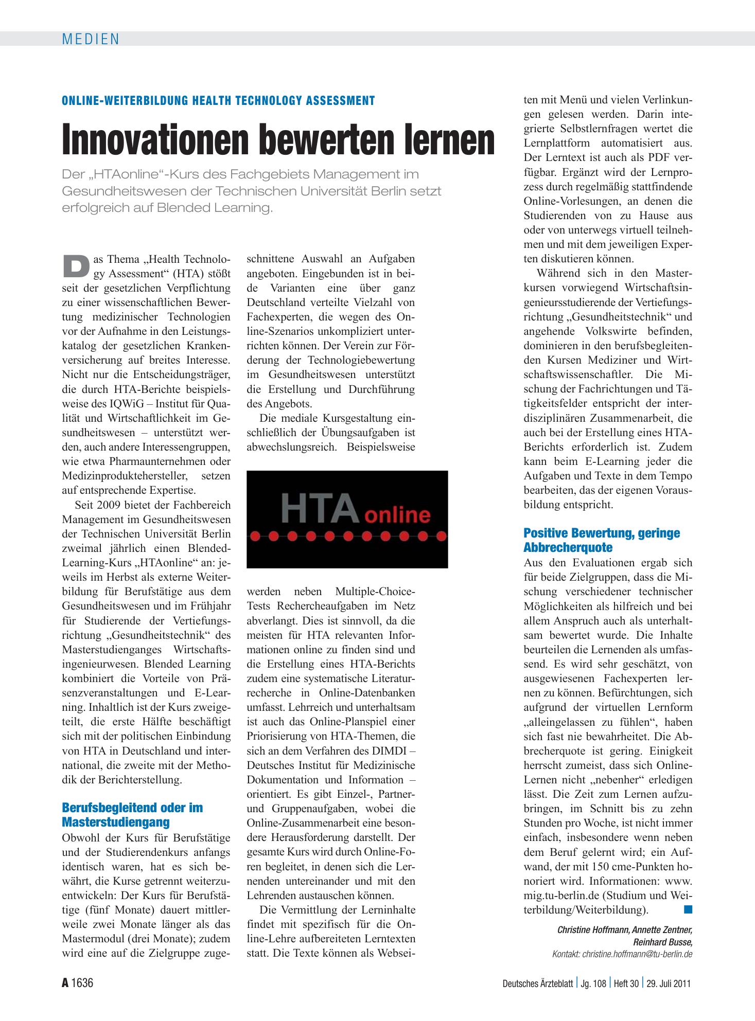 Vorschauseite 1: Online-Weiterbildung Health Technology Assessment: Innovationen bewerten lernen – Deutsches Ärzteblatt