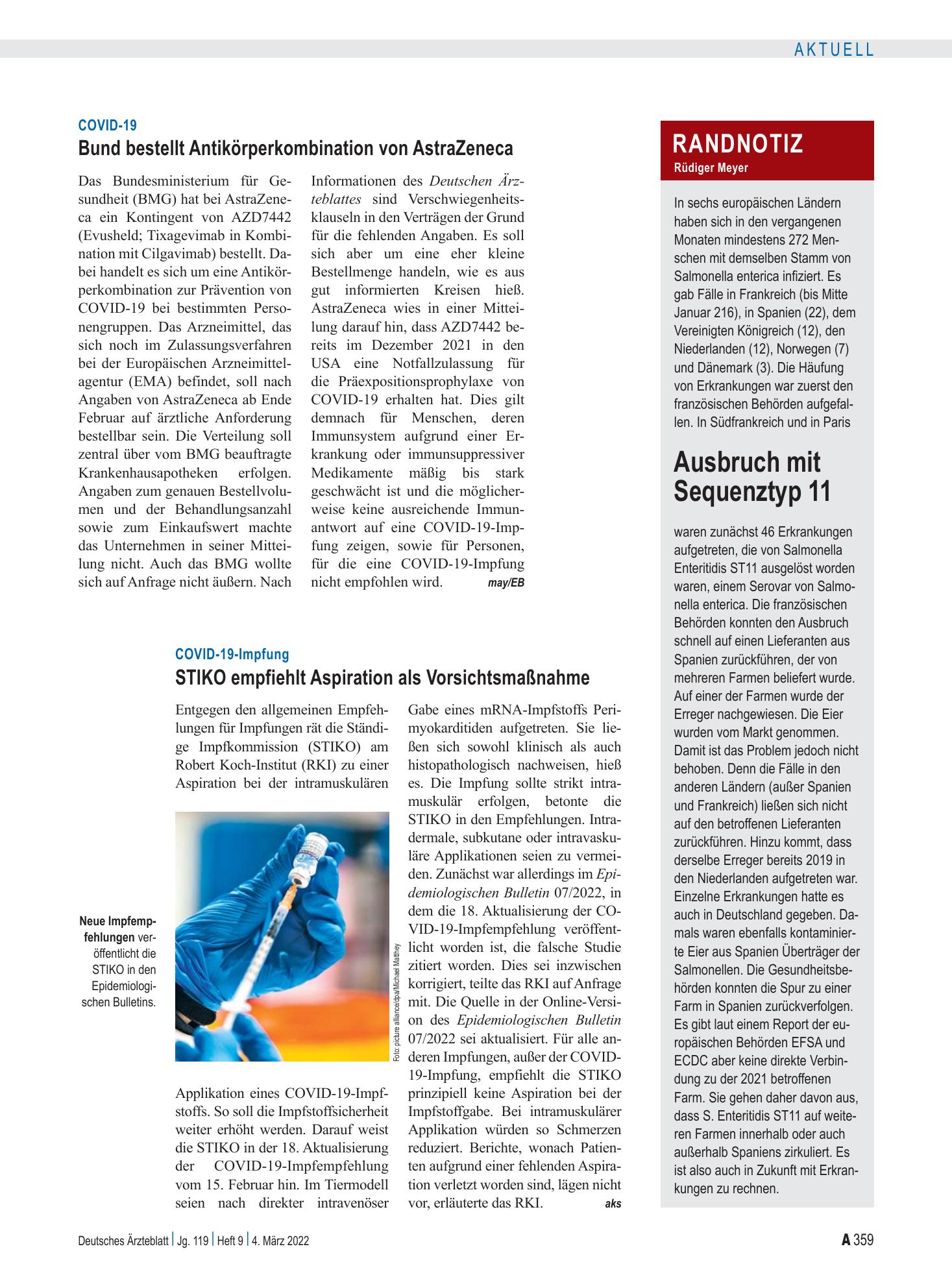Vorschauseite 1: Randnotiz: Ausbruch mit Sequenztyp 11 – Deutsches Ärzteblatt