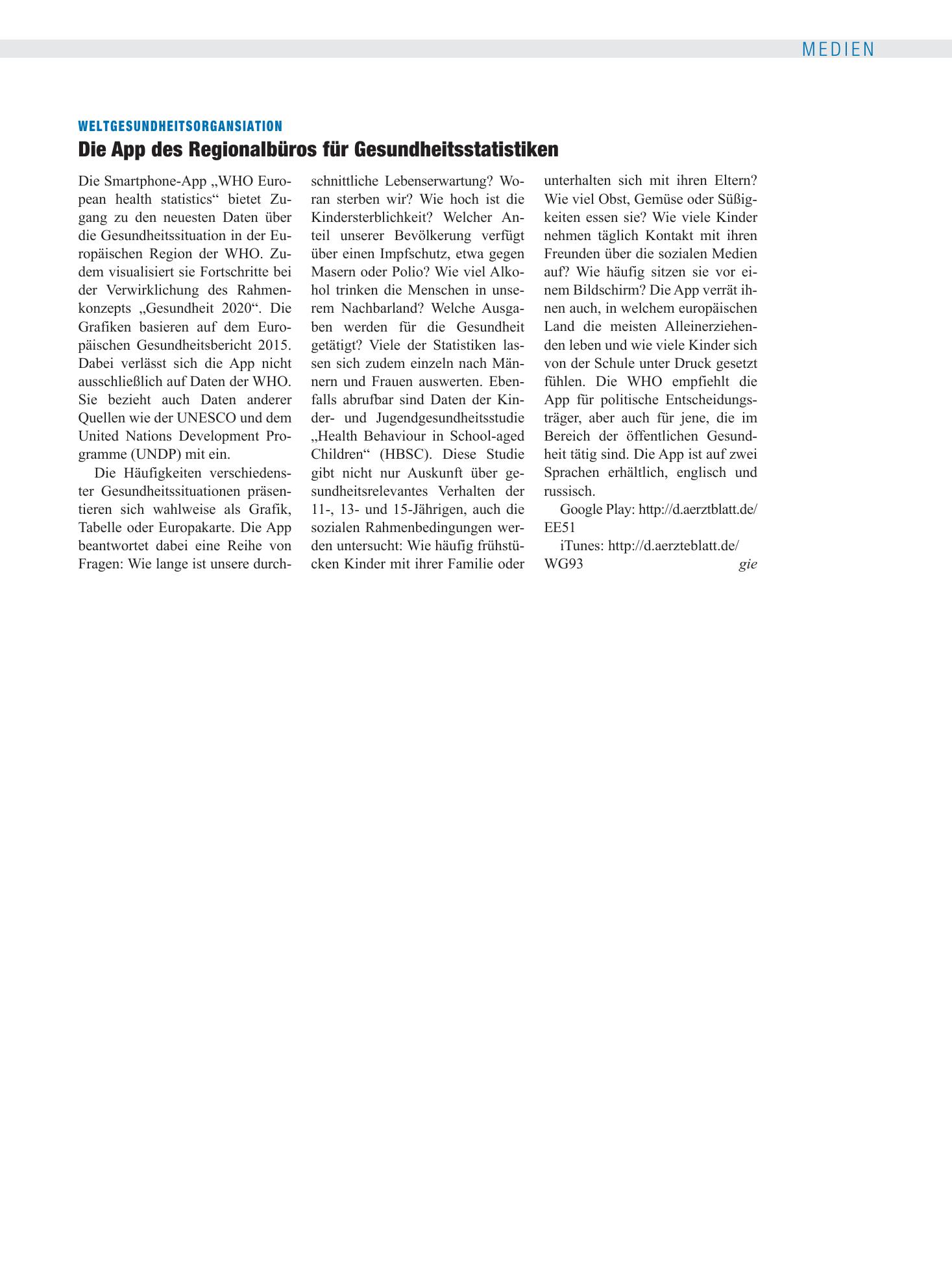 Vorschauseite 1: Weltgesundheitsorgansiation: Die App des Regionalbüros für Gesundheitsstatistiken – Deutsches Ärzteblatt