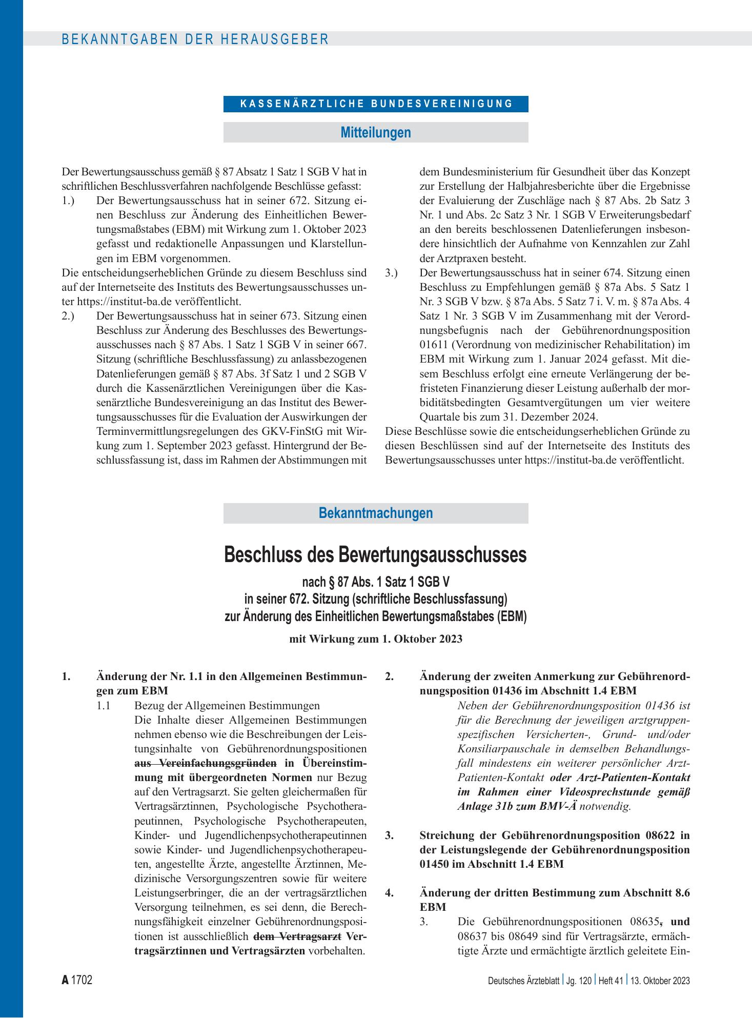 Vorschauseite 1: Beschluss des Bewertungsausschusses nach § 87 Abs. 1 Satz 1 SGB V in seiner 672. Sitzung (schriftliche Beschlussfassung) zur Änderung des Einheitlichen Bewertungsmaßstabes (EBM) –…