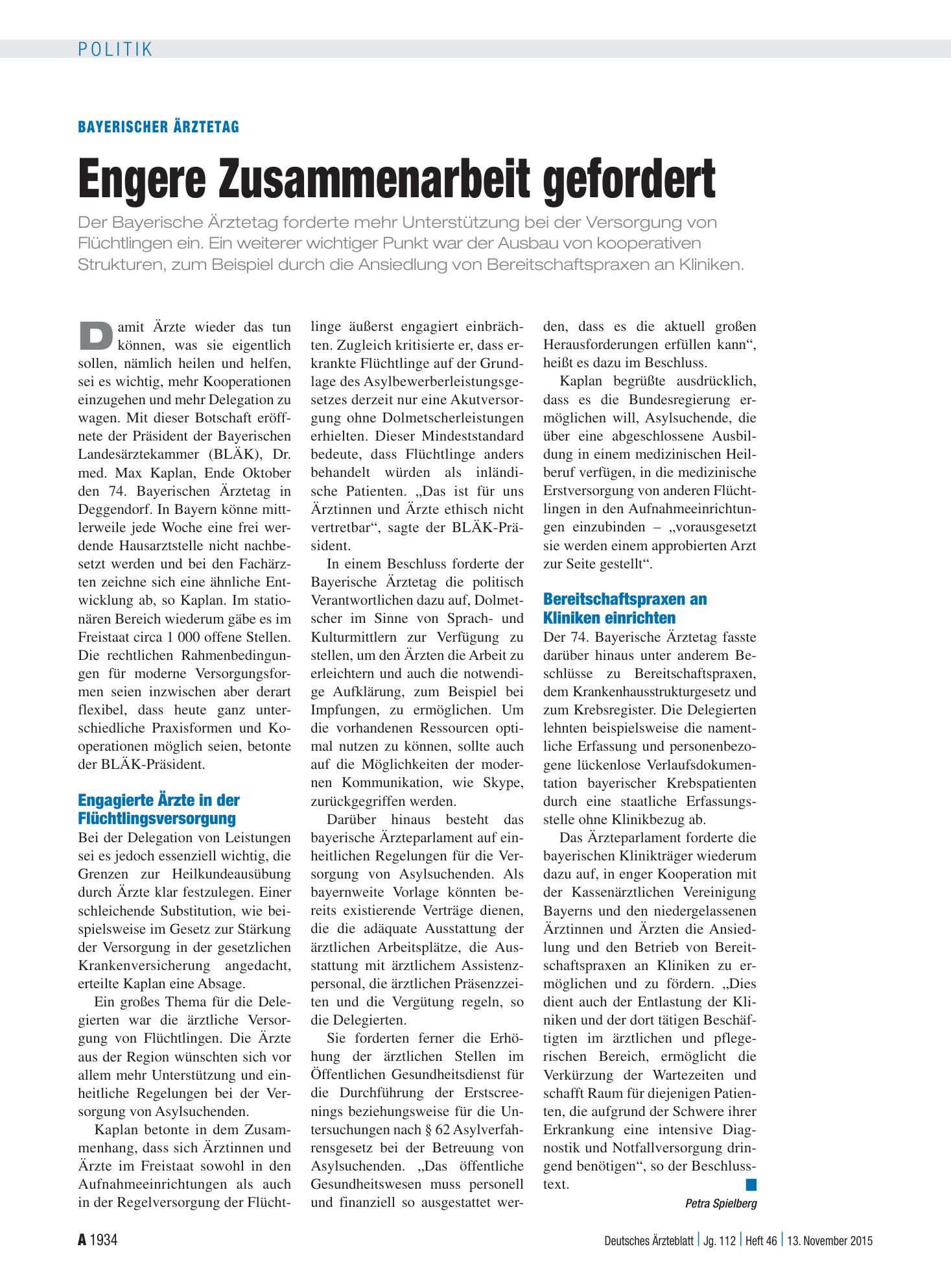 Vorschauseite 1: Bayerischer Ärztetag: Engere Zusammenarbeit gefordert – Deutsches Ärzteblatt