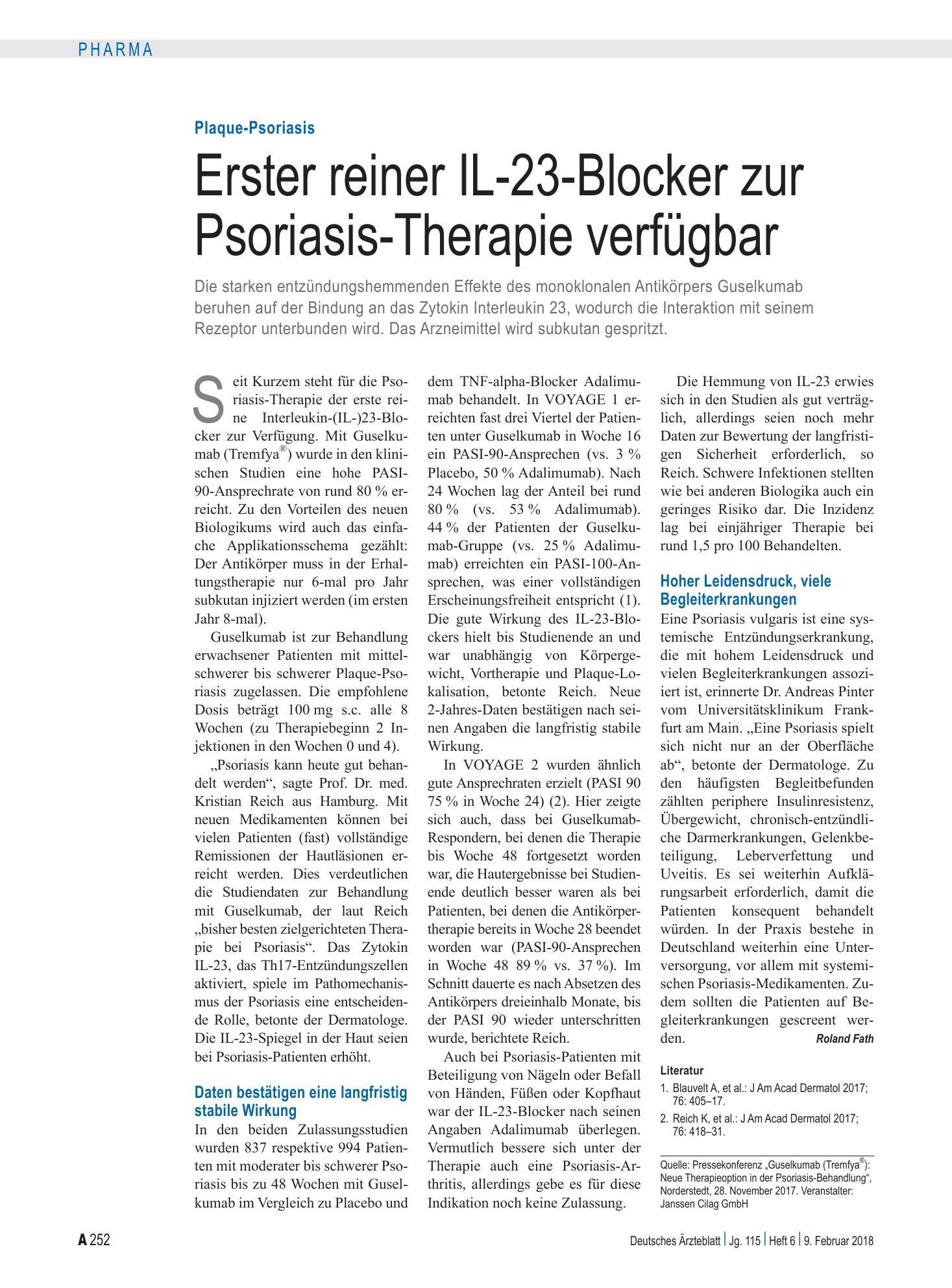 Vorschauseite 1: Plaque-Psoriasis: Erster reiner IL-23-Blocker zur Psoriasis-Therapie verfügbar – Deutsches Ärzteblatt