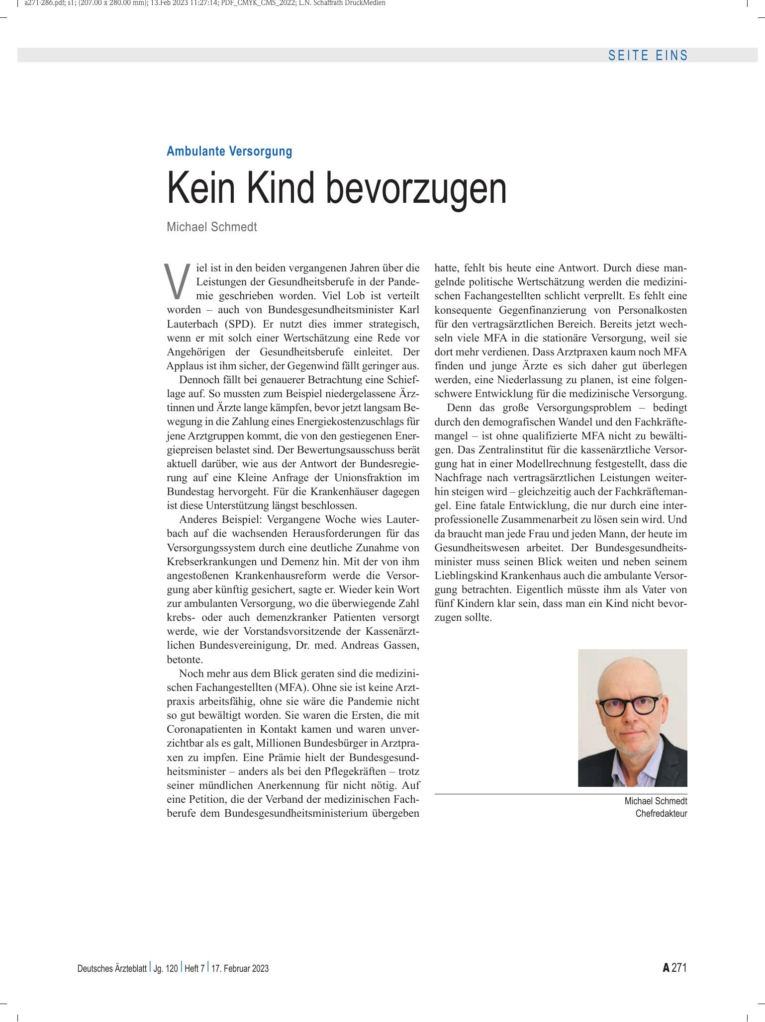 Vorschauseite 1: Ambulante Versorgung: Kein Kind bevorzugen – Deutsches Ärzteblatt