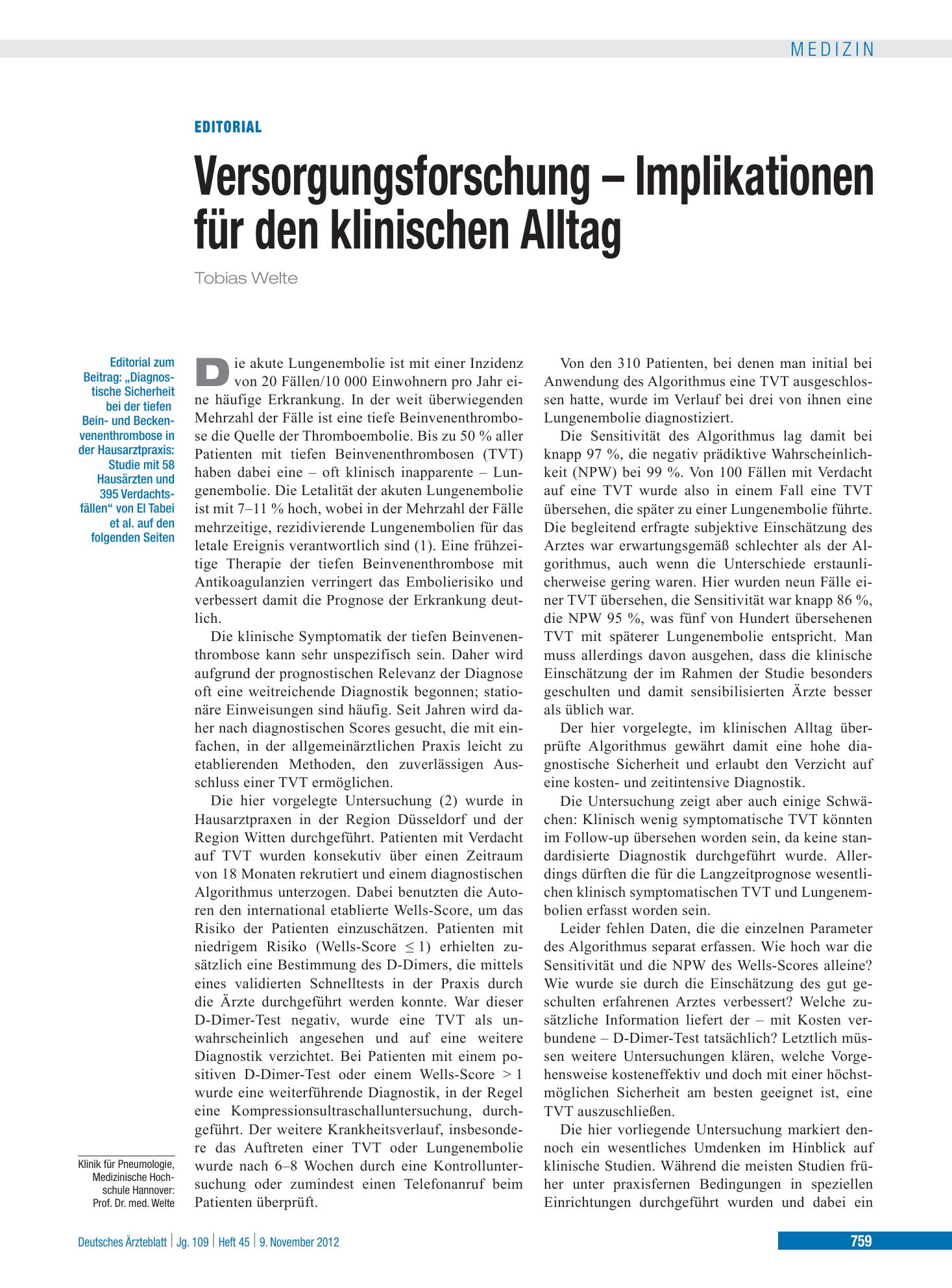 Vorschauseite 1: Versorgungsforschung – Implikationen für den klinischen Alltag – Deutsches Ärzteblatt