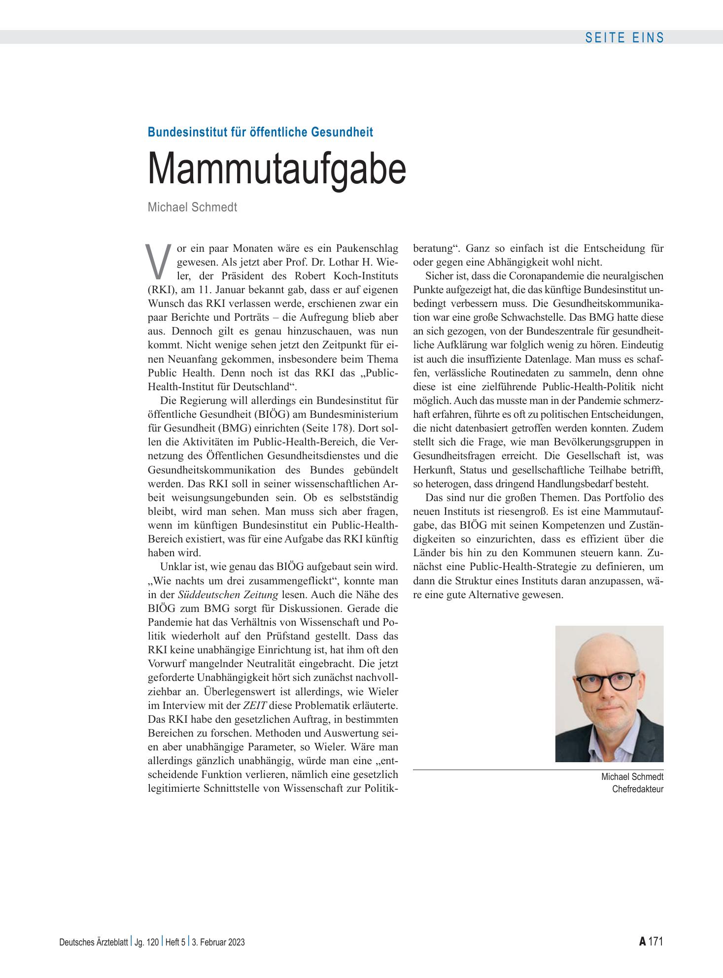 Vorschauseite 1: Bundesinstitut für öffentliche Gesundheit: Mammutaufgabe – Deutsches Ärzteblatt