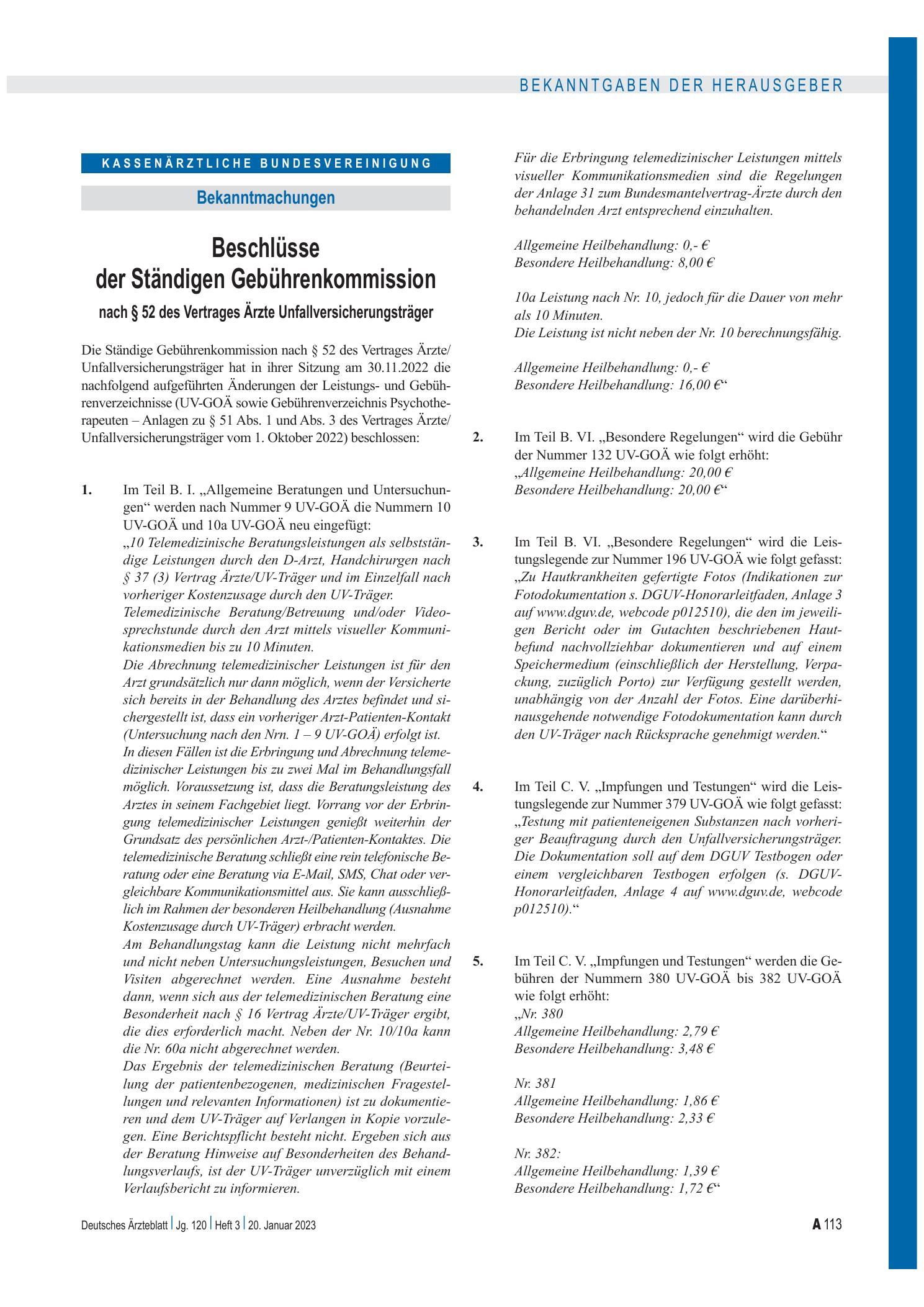 Vorschauseite 1: Beschlüsse der Ständigen Gebührenkommission nach § 52 des Vertrages Ärzte Unfallversicherungsträger – Deutsches Ärzteblatt