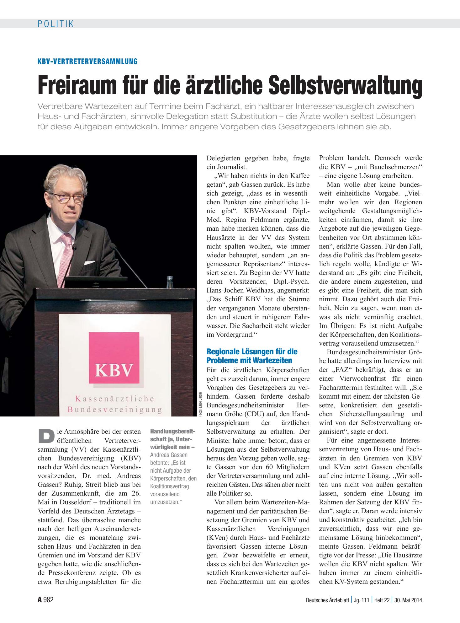 Vorschauseite 1: KBV-Vertreterversammlung: Freiraum für die ärztliche Selbstverwaltung – Deutsches Ärzteblatt