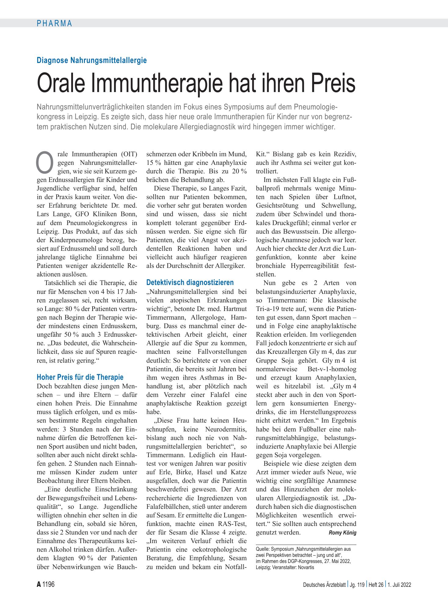 Vorschauseite 1: Diagnose Nahrungsmittelallergie: Orale Immuntherapie hat ihren Preis – Deutsches Ärzteblatt