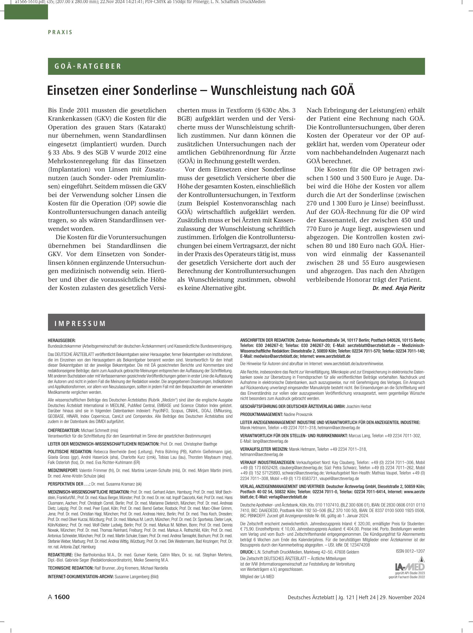 Vorschauseite 1: Einsetzen einer Sonderlinse – Wunschleistung nach GOÄ – Deutsches Ärzteblatt
