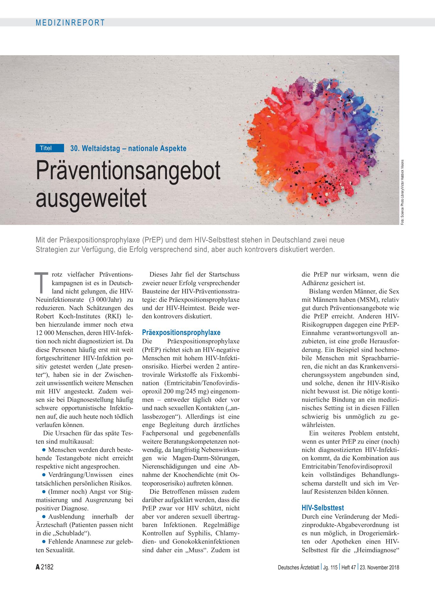 Vorschauseite 1: 30. Weltaidstag – nationale Aspekte: Präventionsangebot ausgeweitet – Deutsches Ärzteblatt