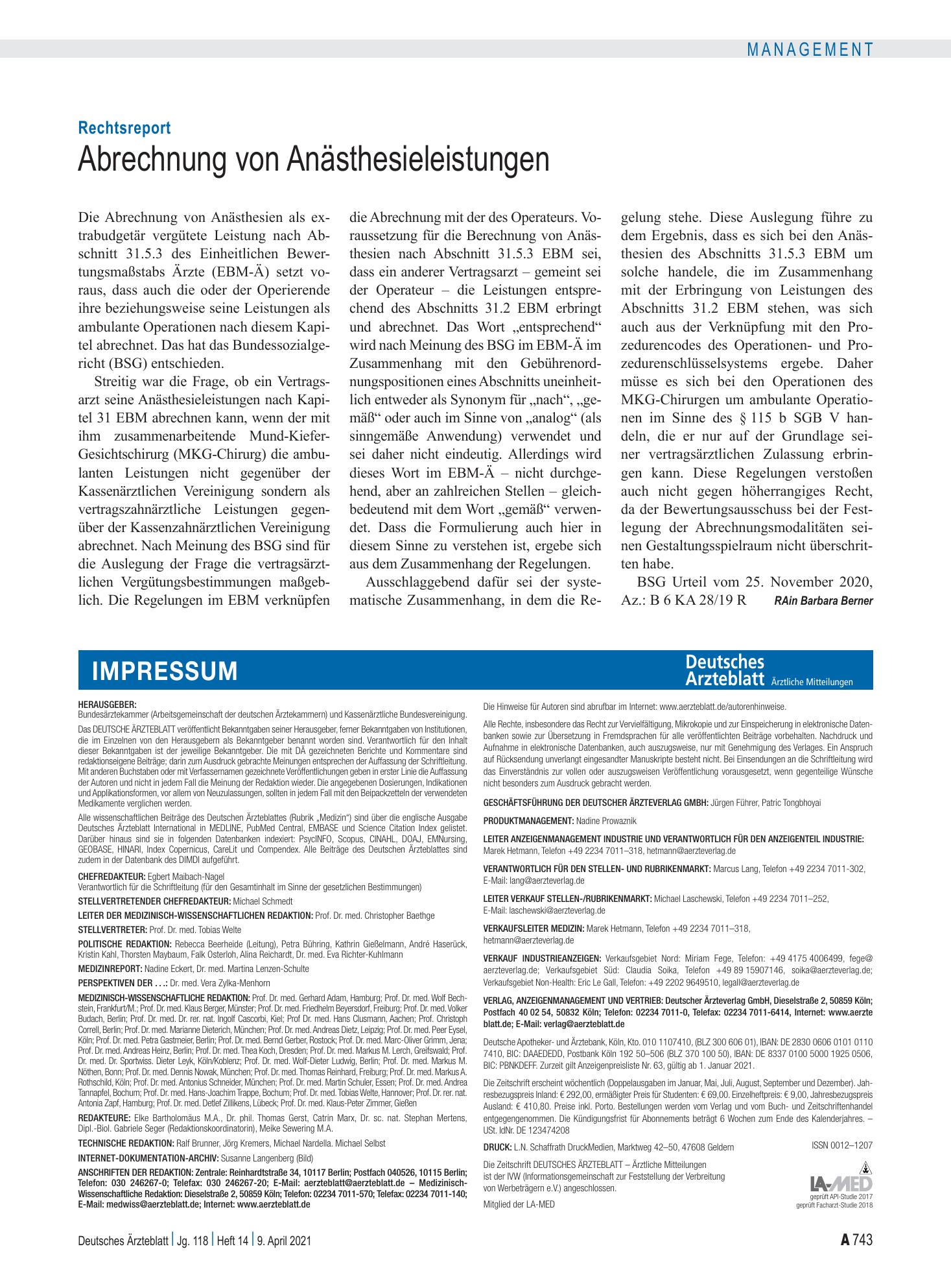 Vorschauseite 1: Rechtsreport: Abrechnung von Anästhesieleistungen – Deutsches Ärzteblatt
