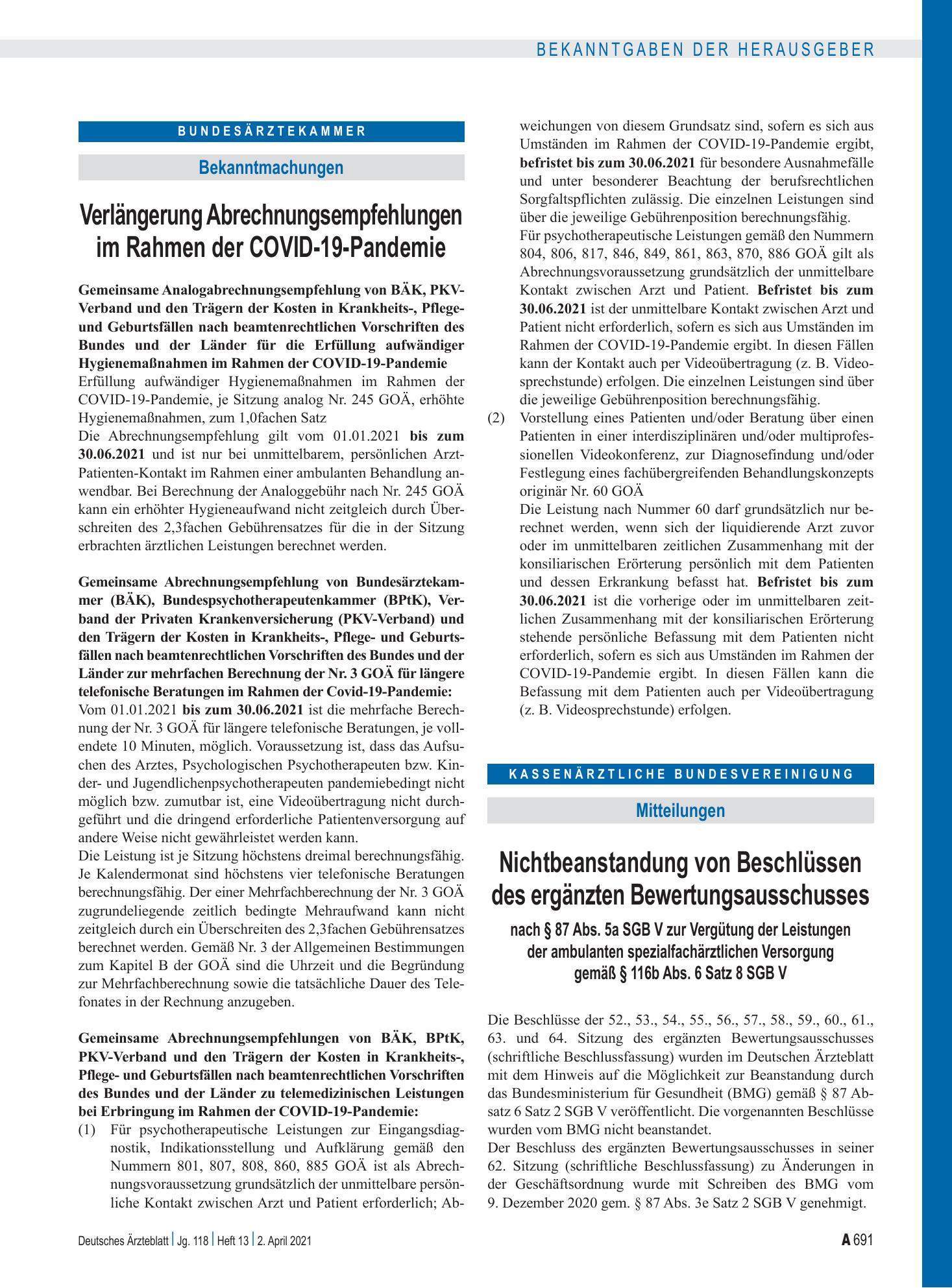 Vorschauseite 1: Verlängerung Abrechnungsempfehlungen im Rahmen der COVID-19-Pandemie – Deutsches Ärzteblatt