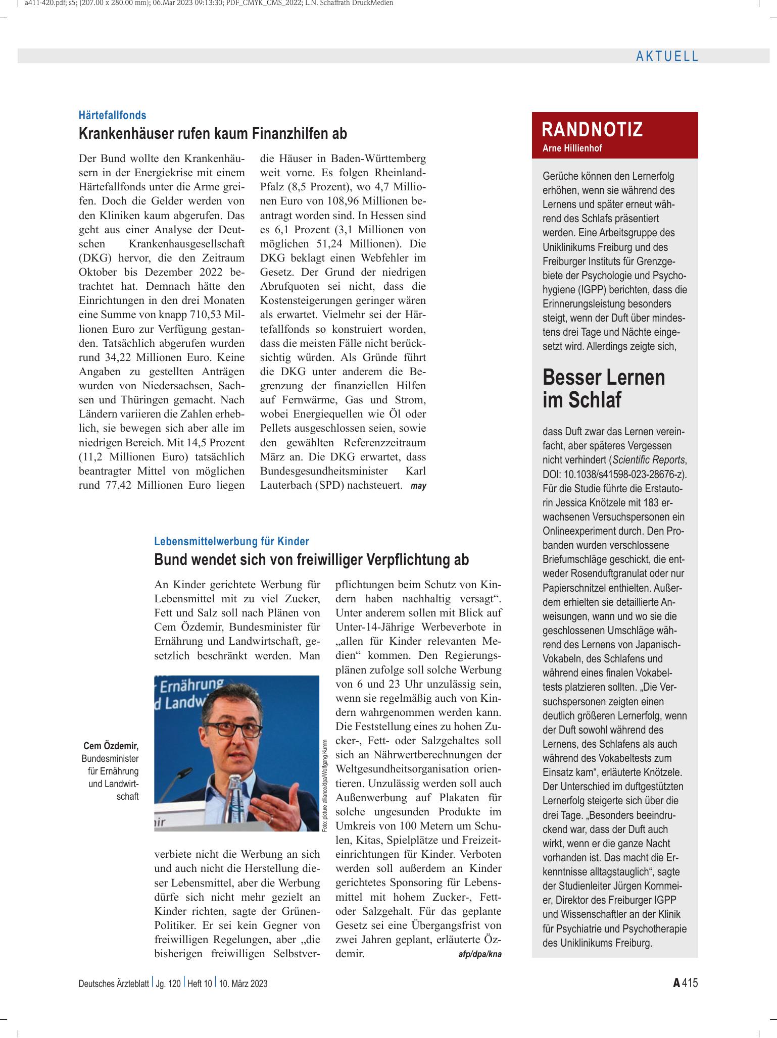 Vorschauseite 1: Randnotiz: Besser Lernen im Schlaf – Deutsches Ärzteblatt
