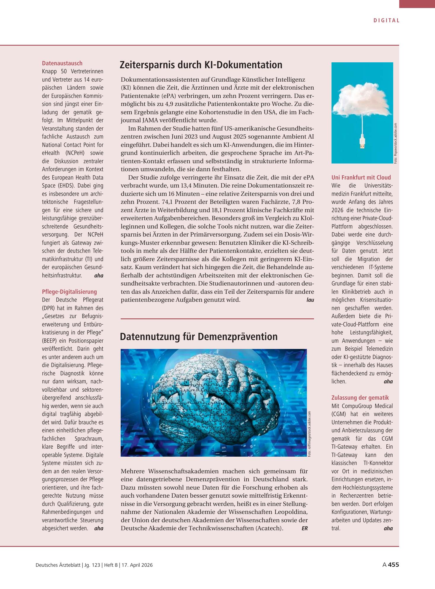 Vorschauseite 1: Datenaustausch / Pflege-Digitalisierung – Deutsches Ärzteblatt