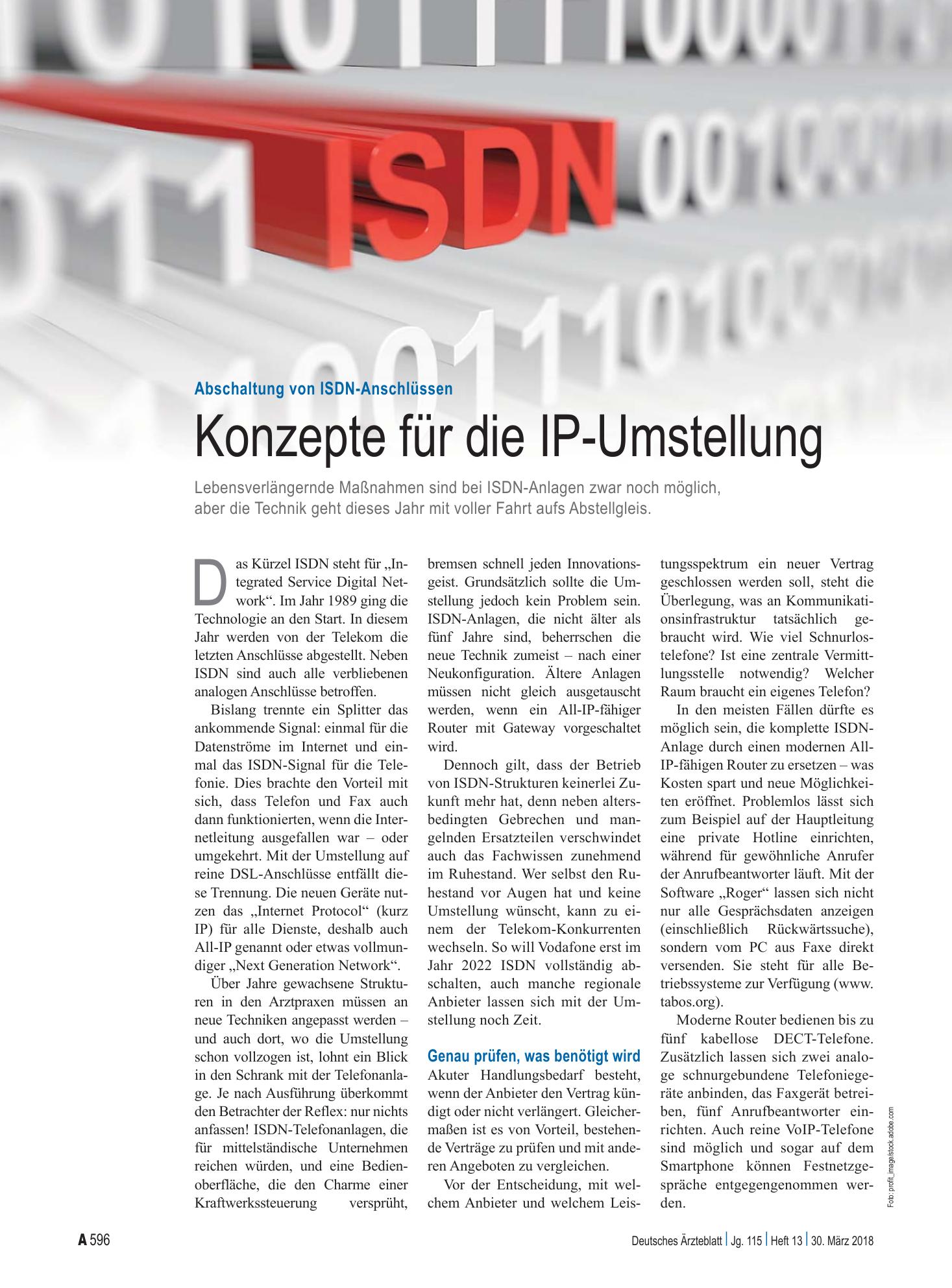 Vorschauseite 1: Abschaltung von ISDN-Anschlüssen: Konzepte für die IP-Umstellung – Deutsches Ärzteblatt