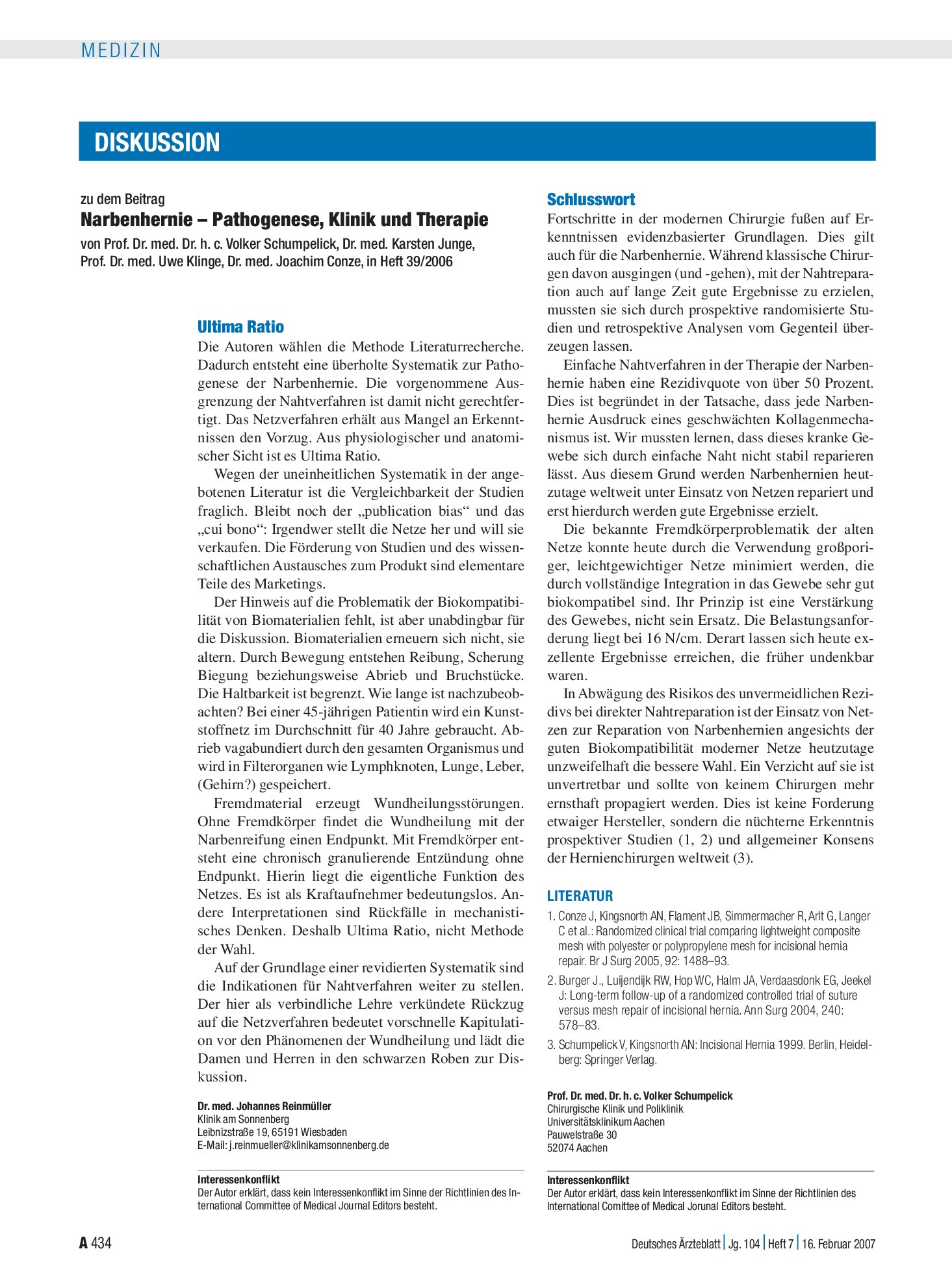 Vorschauseite 1: Narbenhernie – Pathogenese, Klinik und Therapie: Schlusswort – Deutsches Ärzteblatt