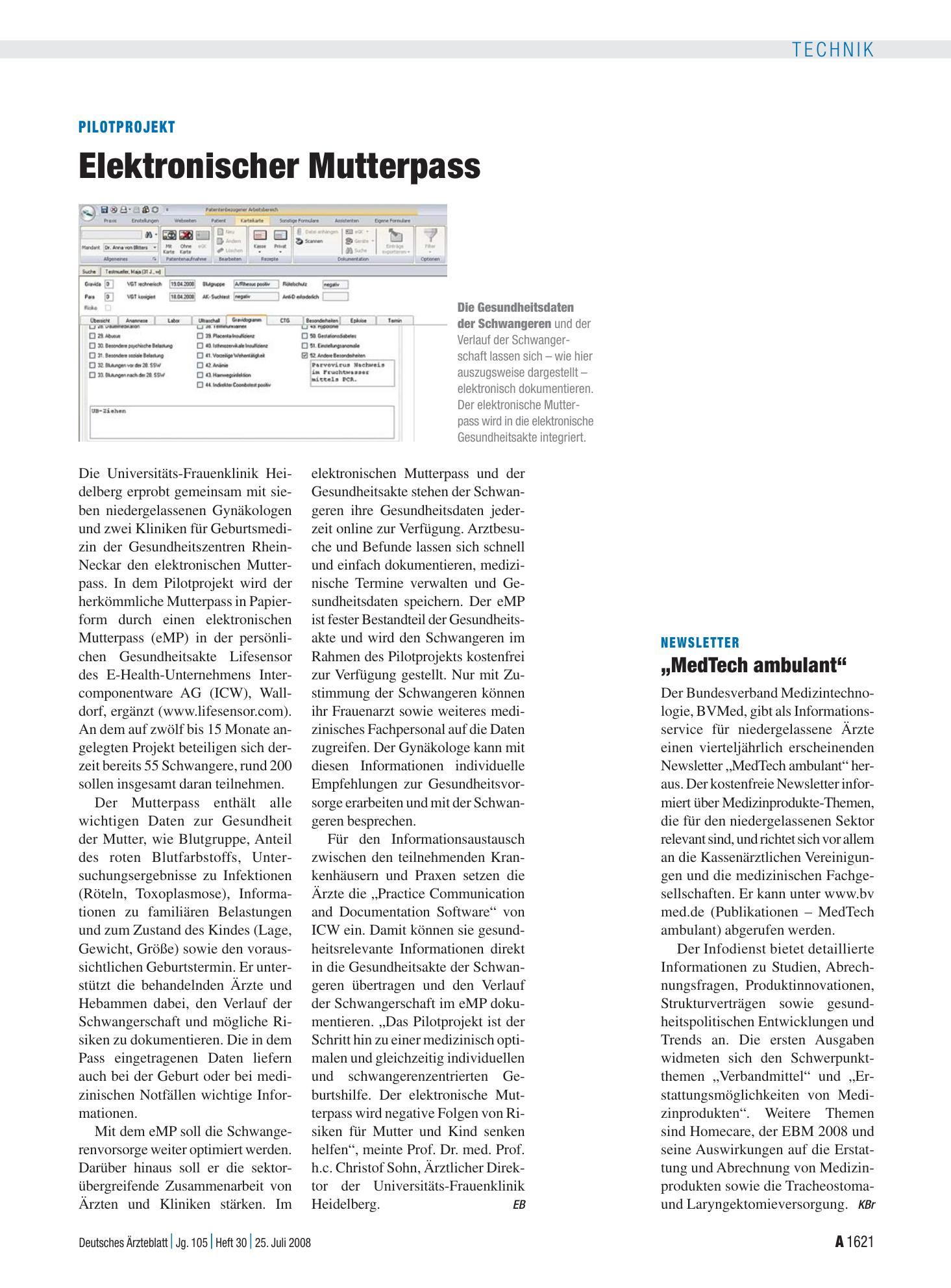 Vorschauseite 1: Pilotprojekt: Elektronischer Mutterpass – Deutsches Ärzteblatt