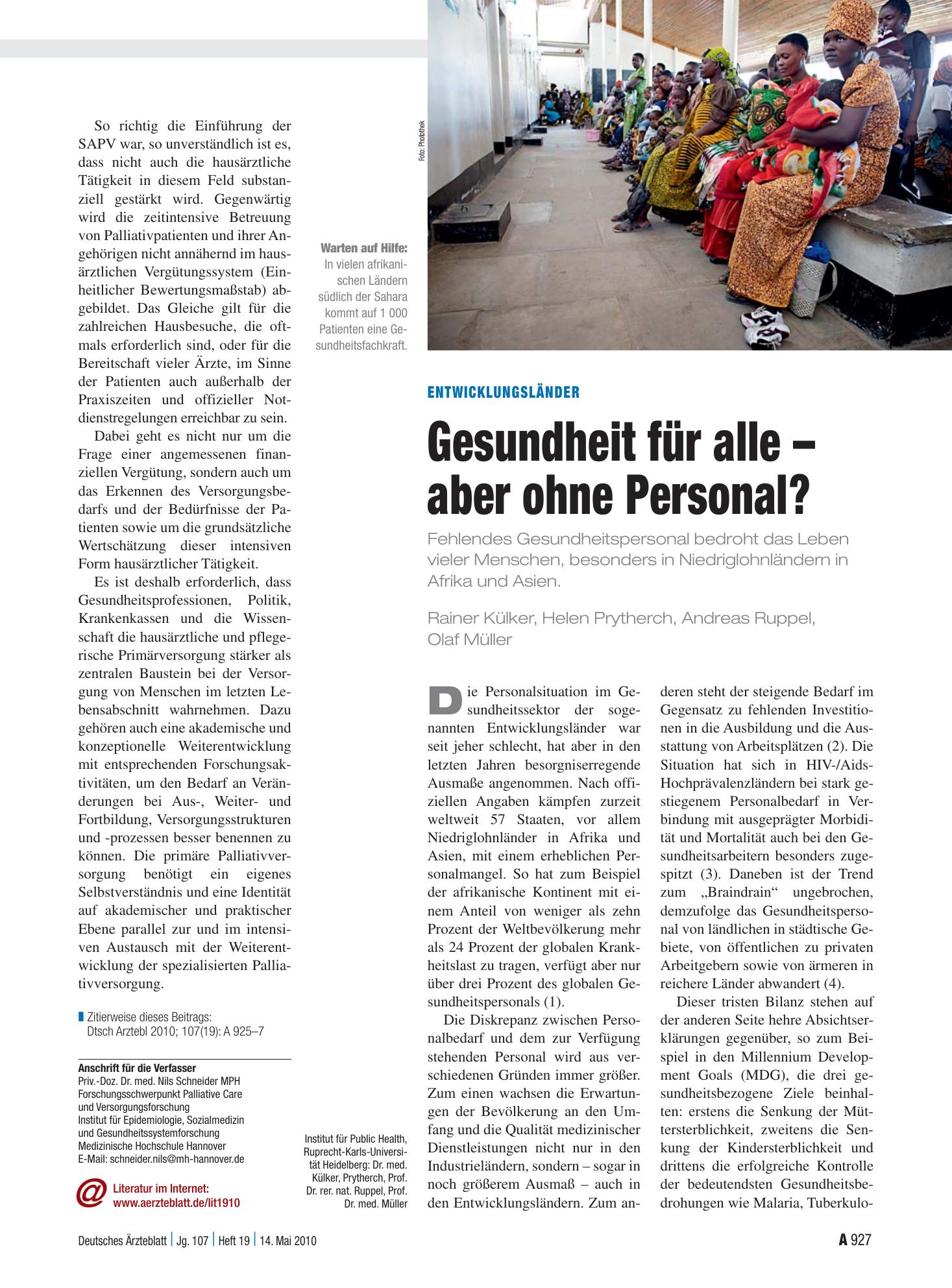 Vorschauseite 1: Entwicklungsländer: Gesundheit für alle – aber ohne Personal? – Deutsches Ärzteblatt