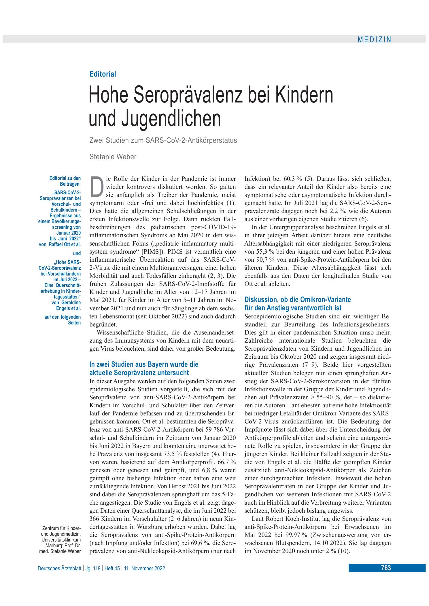 Vorschauseite 1: Hohe Seroprävalenz bei Kindern und Jugendlichen – Deutsches Ärzteblatt