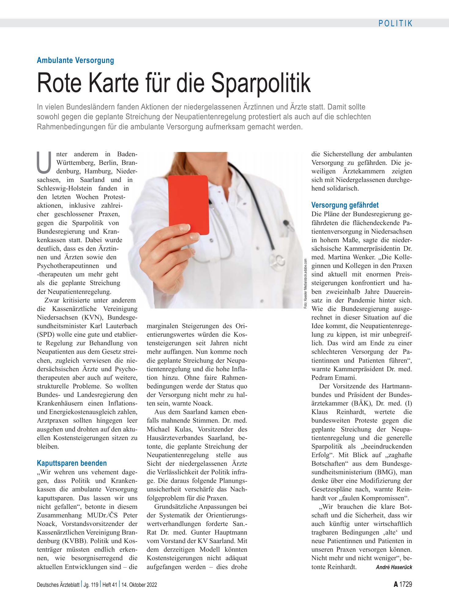 Vorschauseite 1: Ambulante Versorgung: Rote Karte für die Sparpolitik – Deutsches Ärzteblatt