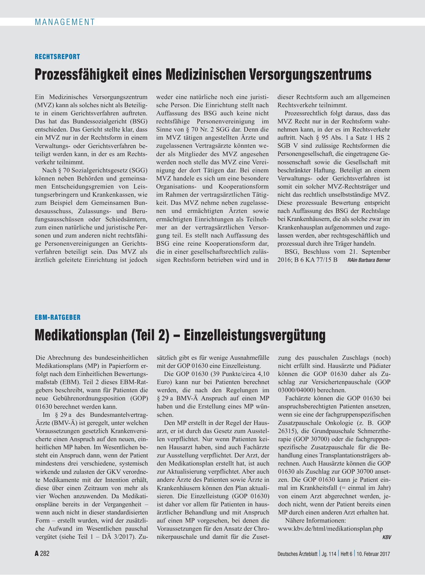 Vorschauseite 1: EBM-Ratgeber: Medikationsplan (Teil 2) – Einzelleistungsvergütung – Deutsches Ärzteblatt