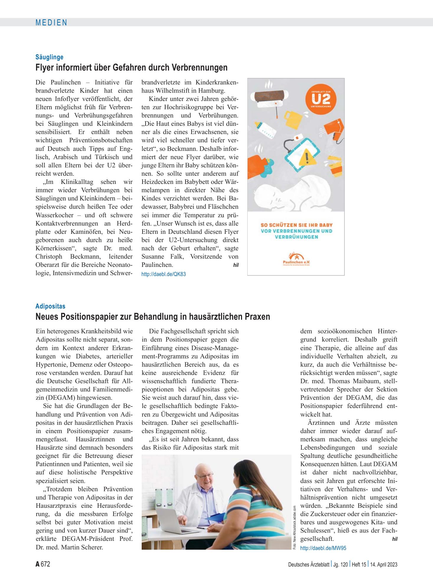 Vorschauseite 1: Säuglinge: Flyer informiert über Gefahren durch Verbrennungen – Deutsches Ärzteblatt