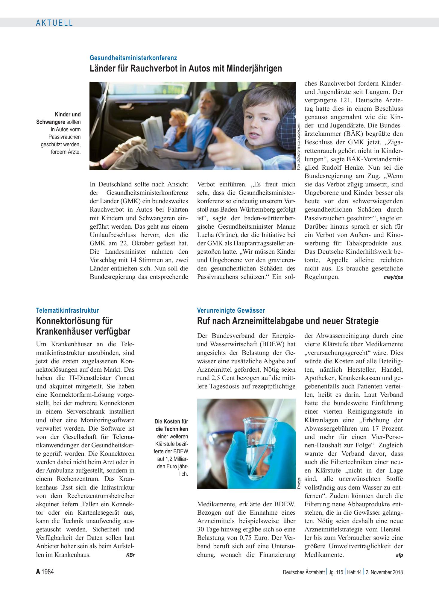Vorschauseite 1: Gesundheitsministerkonferenz: Länder für Rauchverbot in Autos mit Minderjährigen – Deutsches Ärzteblatt