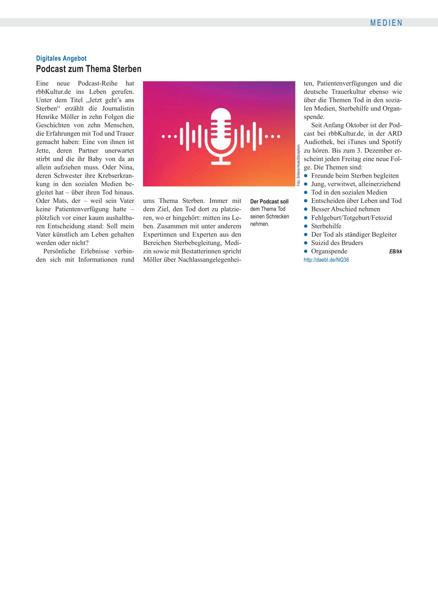 Vorschauseite 1: Digitales Angebot: Podcast zum Thema Sterben – Deutsches Ärzteblatt