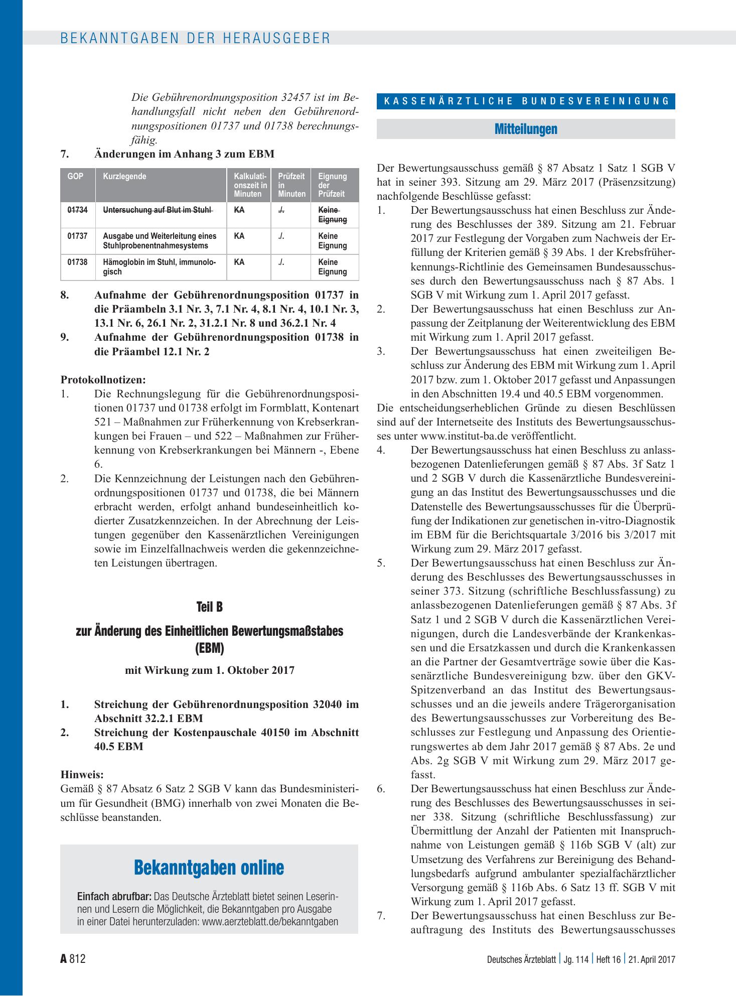 Vorschauseite 1: Beschluss des Bewertungsausschusses nach § 87 Abs. 1 Satz 1 SGB V in seiner 393. Sitzung – Deutsches Ärzteblatt