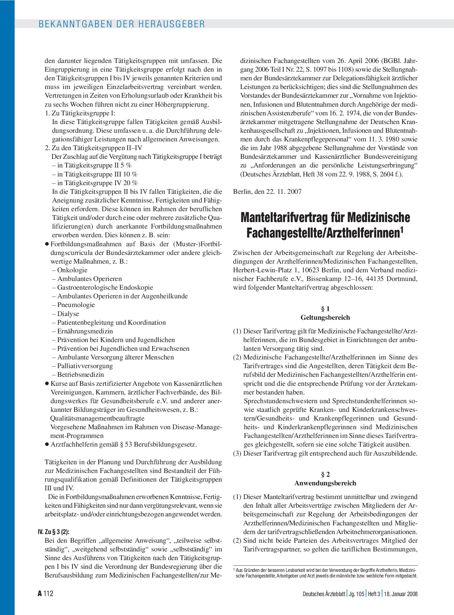 Vorschauseite 1: Manteltarifvertrag für Medizinische Fachangestellte/Arzthelferinnen – Deutsches Ärzteblatt